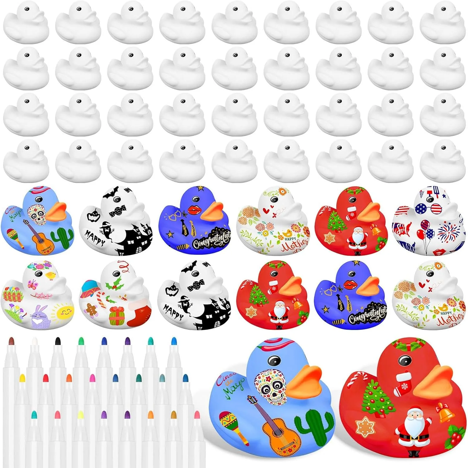 اردک های لاستیکی سفید ساده 50 عددی 5 سانتی متری مناسب نقاشی و رنگ آمیزی همراه با 24 عدد قلم رنگی، اسباب بازی حمام و هدیه تولد