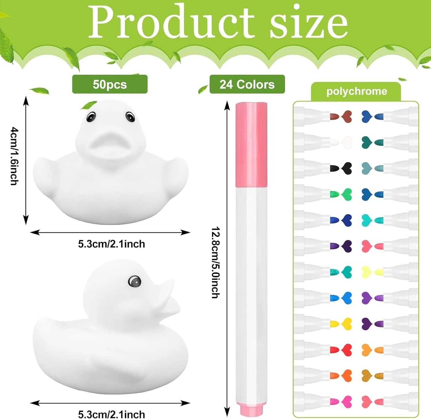 اردک های لاستیکی سفید ساده 50 عددی 5 سانتی متری مناسب نقاشی و رنگ آمیزی همراه با 24 عدد قلم رنگی، اسباب بازی حمام و هدیه تولد