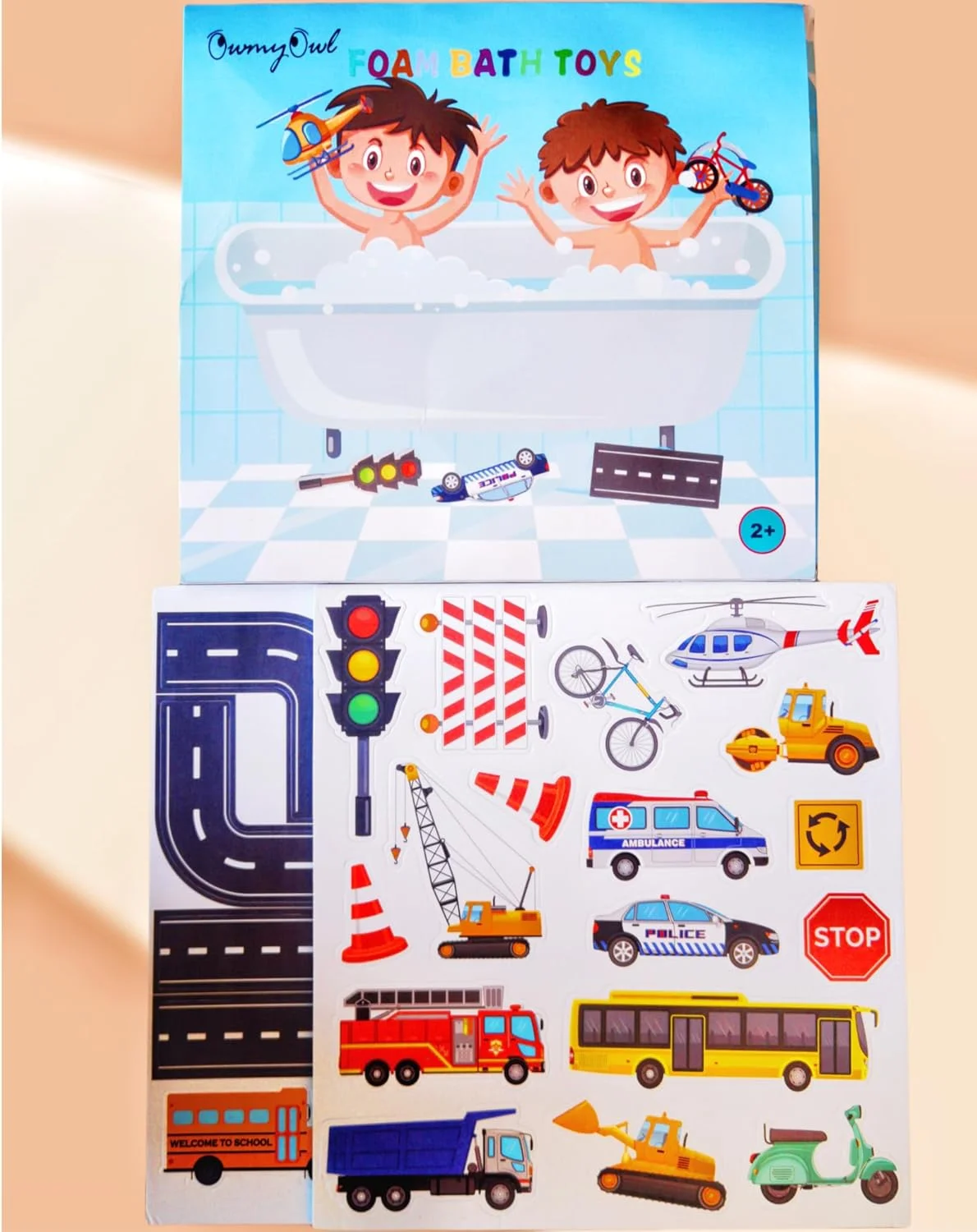 اسباب بازی های حمام فومی OWMYOWL برای کودکان نوپا - 29 تکه استیکرهای حمام وسایل نقلیه با کیف نگهداری، اسباب بازی آموزشی شناور وان ترافیکی پیش دبستانی غیر سمی سرگرم کننده برای حمام کردن نوزادان دختران پسران کودکان نوپا