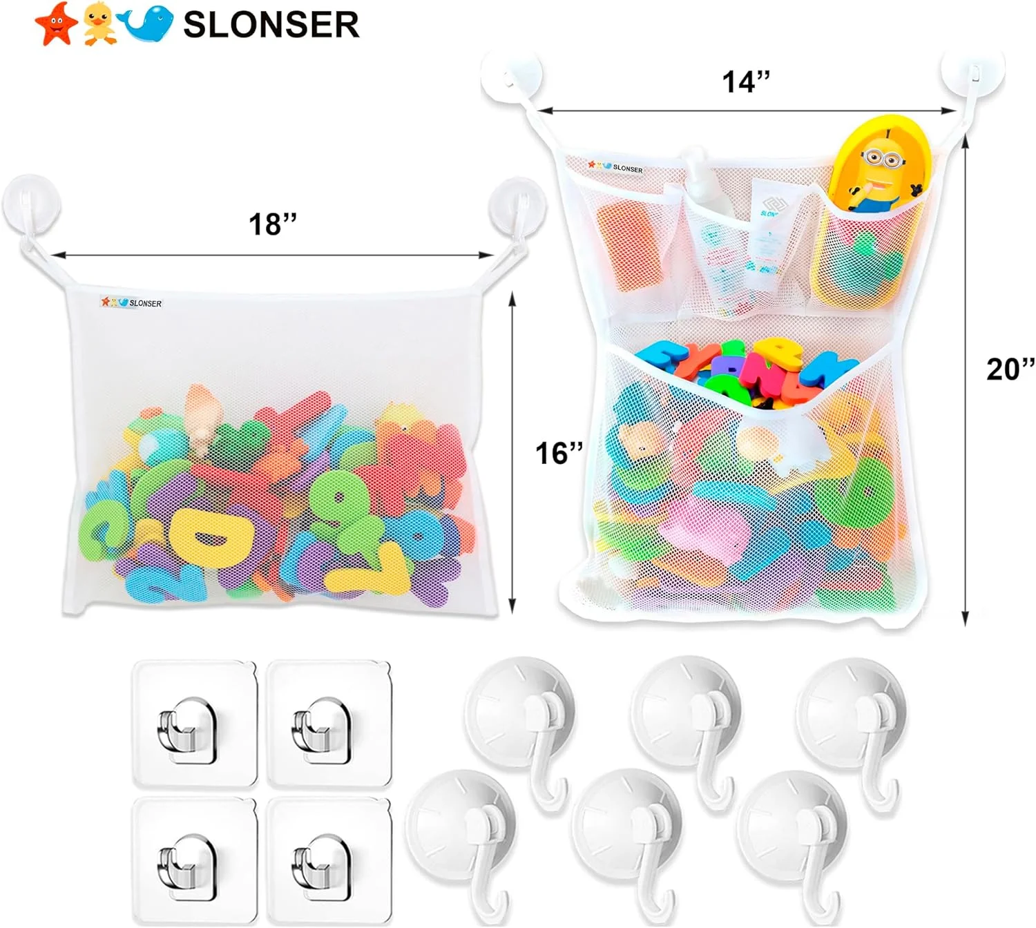 ۲ عدد سبد بزرگ نظم دهنده اسباب بازی حمام + ۶ عدد مکنده دیواری و ۴ عدد قلاب، سبد نگهدارنده اسباب بازی وان حمام، توری اسباب بازی حمام کودک، کیف توری نگهداری اسباب بازی حمام، سبد آویز وسایل حمام، سبد نگهداری اسباب بازی حمام کودک