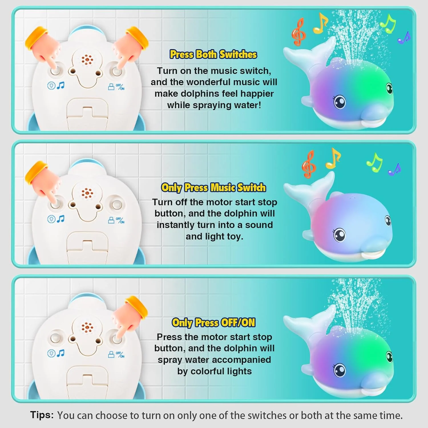 اسباب بازی حمام، اسباب بازی حمام دلفین فواره ای شارژی با نور و موسیقی، اسباب بازی آب وان حمام، هدیه تولد برای پسران و دختران 1 تا 6 سال - آبی