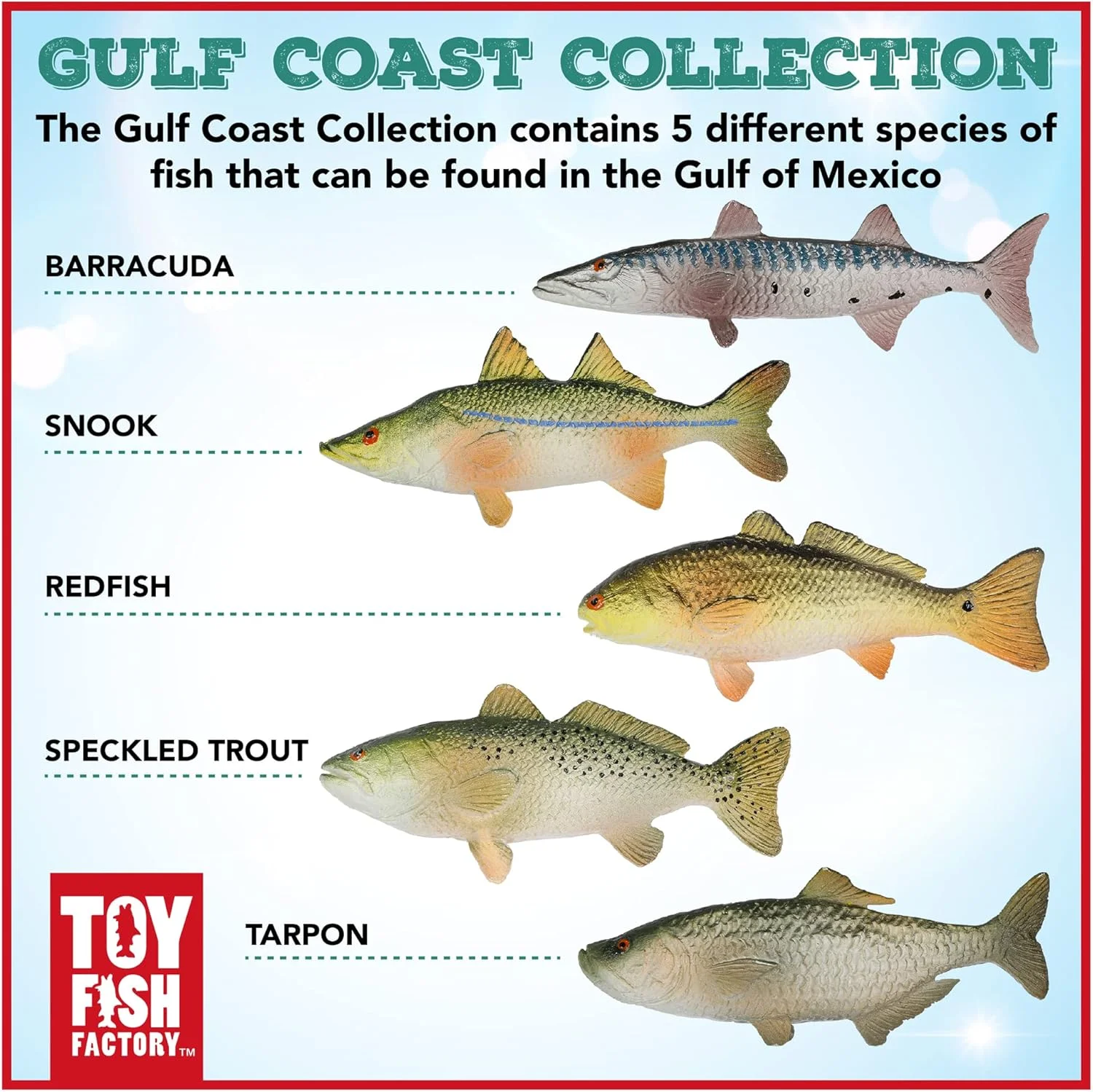 مجموعه اسباب بازی ماهی های ساحل خلیج | اسباب بازی ماهی باراکودا | مجسمه های ماهی | اسباب بازی ماهی اقیانوسی | اسباب بازی تارپون | ماهی سرخو | اسنوک | قزل آلای خالدار | 2.5 تا 3 اینچ طول | اثر کارخانه اسباب بازی ماهی