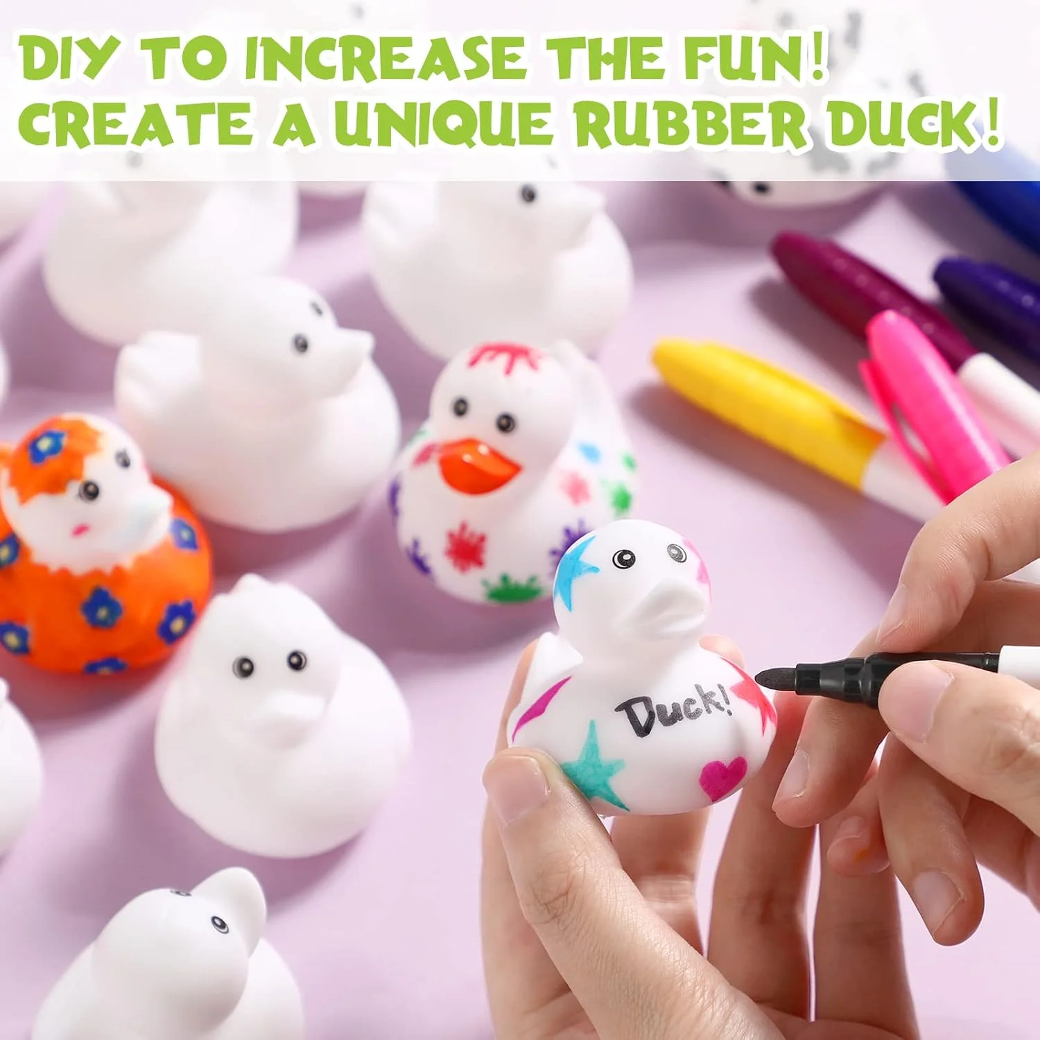 24 عدد اردک لاستیکی سفید 2 اینچی، اردک های لاستیکی خلاقانه با 12 رنگ قلم برای شناور شدن در وان حمام استخر، اردک های زیبا، هدایای تولد، لوازم مهمانی نوزاد برای کودکان