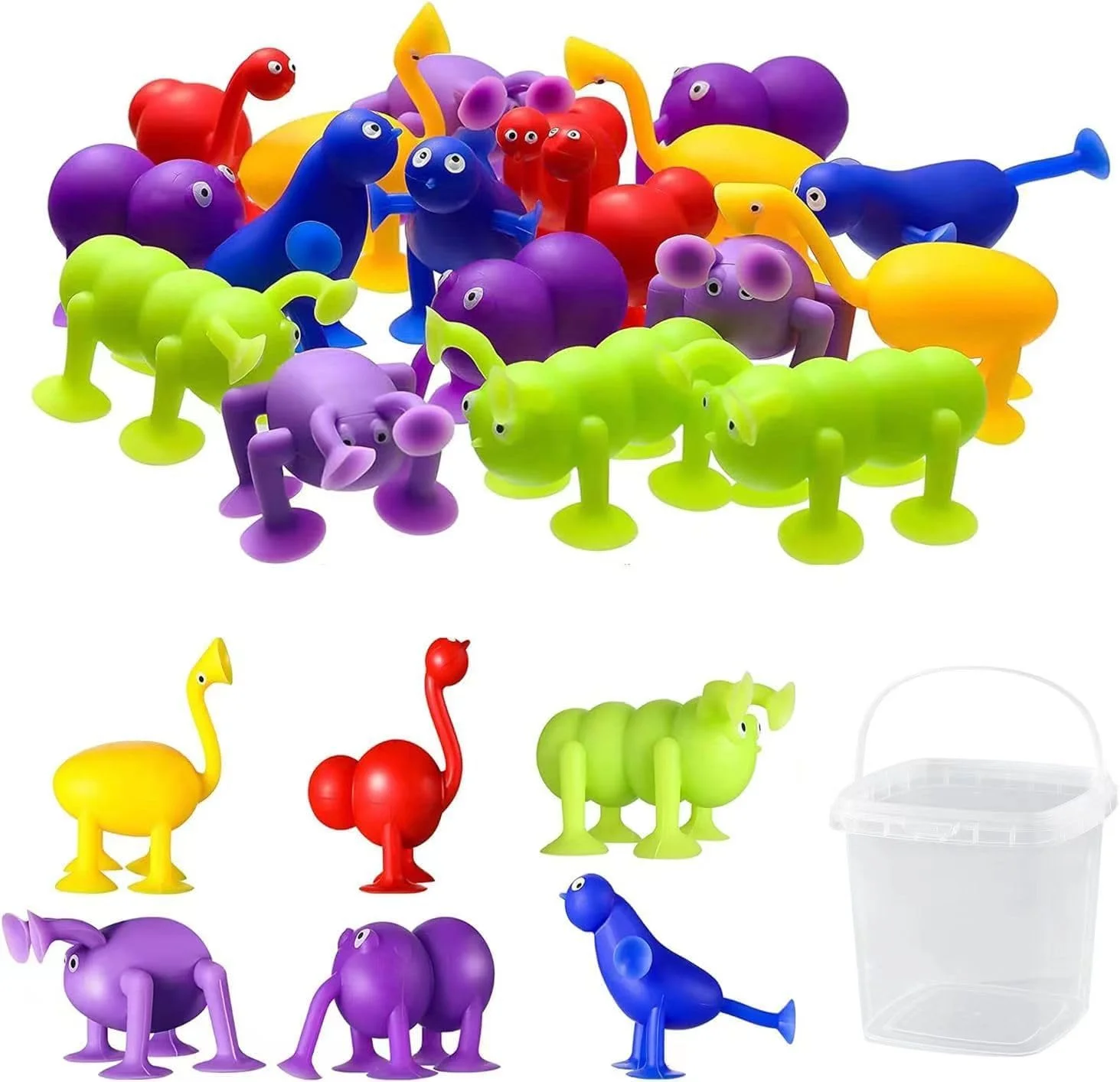 24 قطعه اسباب بازی های مکنده سیلیکونی نرم، بلوک های ساختمانی، اسباب بازی های حمام با کیسه نگهداری، اسباب بازی های رهاسازی استرس شکل حیوانات برای کودکان، اسباب بازی های حسی برای پسران و دختران 3 4 5 6 7 ساله (حیوانات)