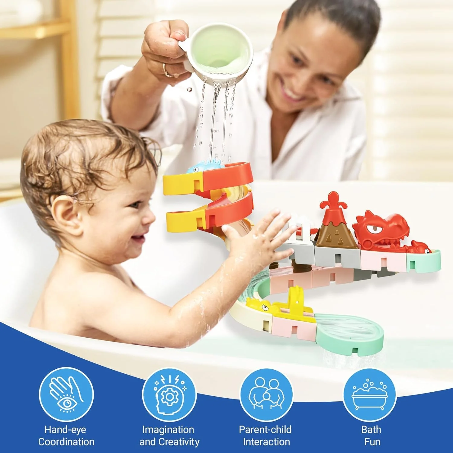 اسباب بازی سرسره دایناسور، اسباب بازی حمام برای کودکان، کیت ساختنی خودتان بسازید برای سنین 5-7 سال، هدیه تولد برای کودکان نوپا 3 سال به بالا (36 تکه با تم دایناسور)