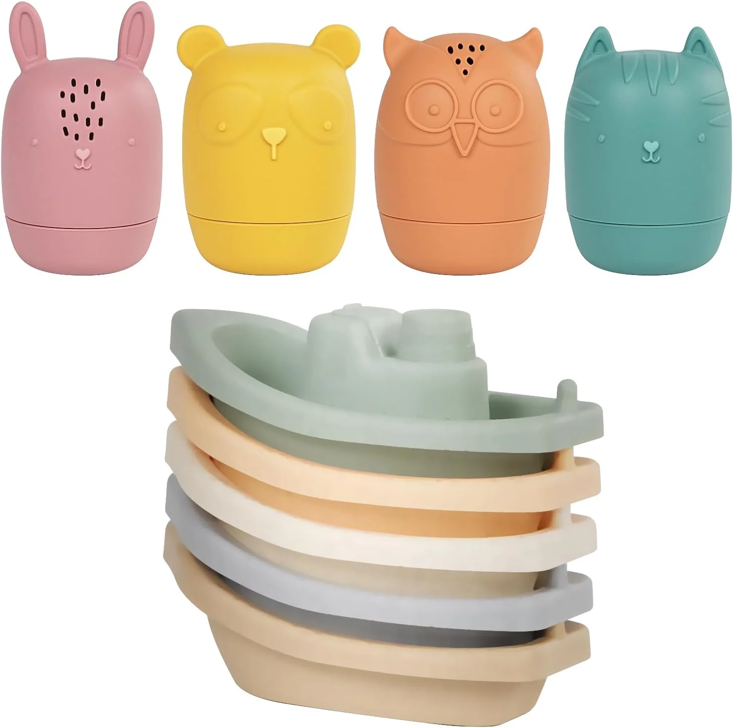 اسباب بازی حمام کودک، قایق های چیدنی با اسباب بازی های حیوانات آب پاش سیلیکونی نرم، 9 تکه قایق شناور چیدنی، اسباب بازی های آب دوش وان حمام، اسباب بازی های ساحلی استخر هدیه تولد برای کودکان نوپا 1-3 ساله