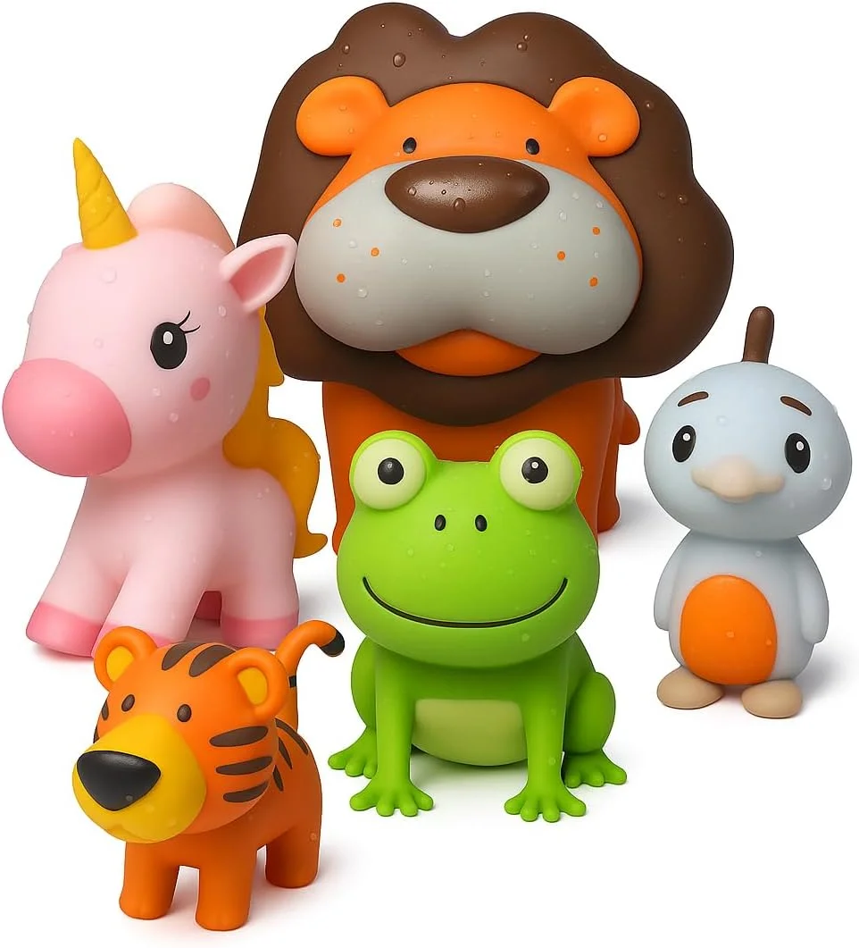 اسباب بازی های حمام بدون کپک SplashEZ برای نوزادان و کودکان نوپا، طرح حیوانات بدون سوراخ برای وان، ساحل، استخر - بدون BPA، قابل شستشو در ماشین ظرفشویی، اسباب بازی های نوزادی 0-18 ماه