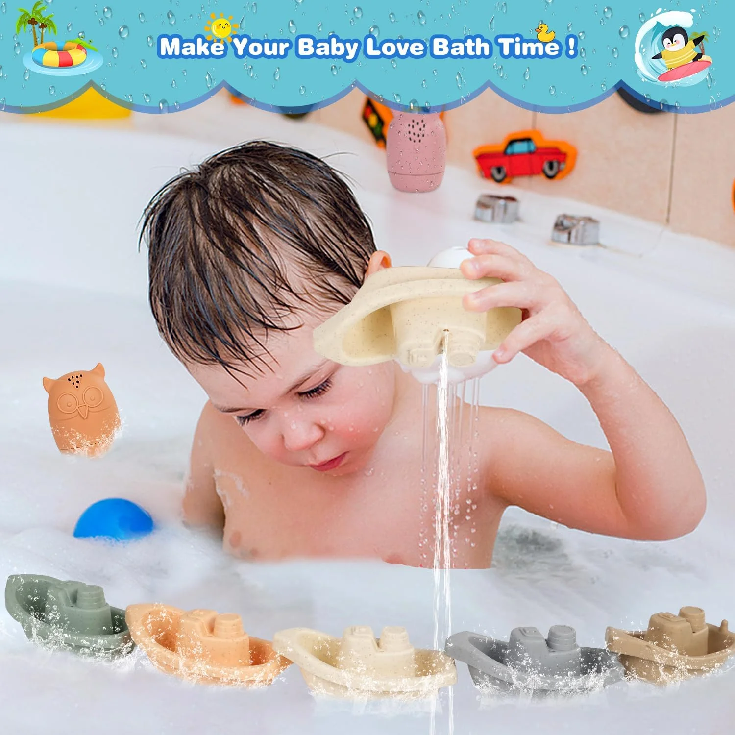 اسباب بازی حمام کودک، قایق های چیدنی با اسباب بازی های حیوانات آب پاش سیلیکونی نرم، 9 تکه قایق شناور چیدنی، اسباب بازی های آب دوش وان حمام، اسباب بازی های ساحلی استخر هدیه تولد برای کودکان نوپا 1-3 ساله