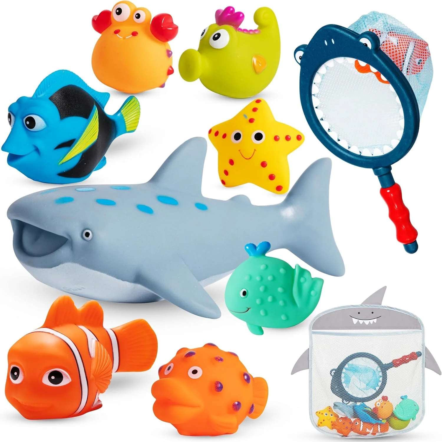 اسباب بازی های حمام بدون سوراخ و ضد کپک، بسته 10 عددی اسباب بازی حمام برای کودکان نوپا 1-3 ساله، اسباب بازی های آبی برای نوزادان 6-12 ماهه به همراه کیف نگهداری، اسباب بازی کوسه برای استخر، وان حمام، ساحل، دوش، وان، هدیه برای پسران و دختران