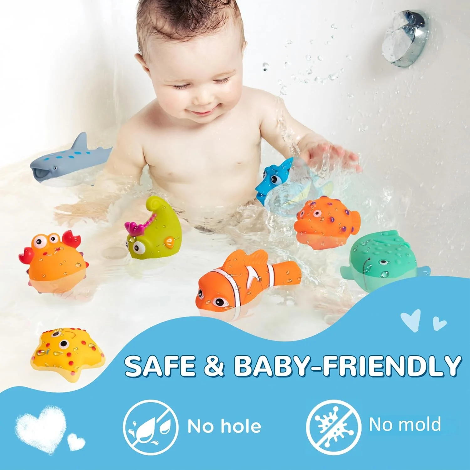 اسباب بازی های حمام بدون سوراخ و ضد کپک، بسته 10 عددی اسباب بازی حمام برای کودکان نوپا 1-3 ساله، اسباب بازی های آبی برای نوزادان 6-12 ماهه به همراه کیف نگهداری، اسباب بازی کوسه برای استخر، وان حمام، ساحل، دوش، وان، هدیه برای پسران و دختران