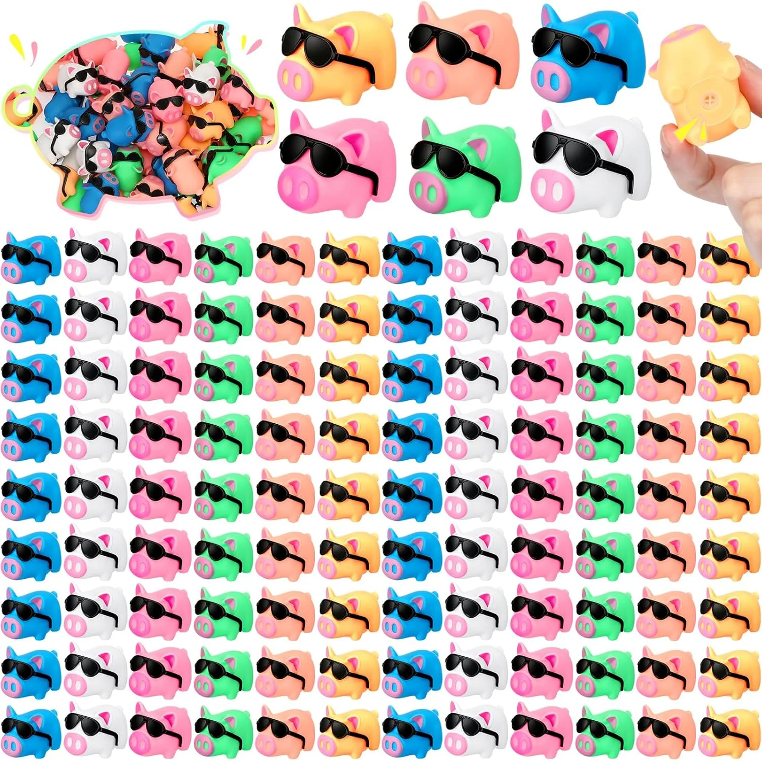 مجموعه 150 عددی خوک های لاستیکی کوچک با عینک آفتابی، اسباب بازی حمام فله ای خوک های صدادار، اسباب بازی های وان خوک برای جشن تولد، جوایز کارناوال کلاسی، پرکننده های پیناتا، دکور ماشین