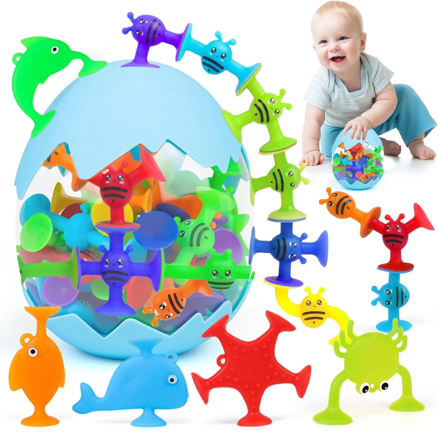 اسباب بازی های حمام چسبانکی کودک، 45 تکه چسبانک حیوانات برای کودکان 3 ساله، ابزار حمام دوشی پنجره ای با محفظه تخم دایناسور، هدایای حسی مونته سوری برای پسران و دختران 4 تا 8 ساله