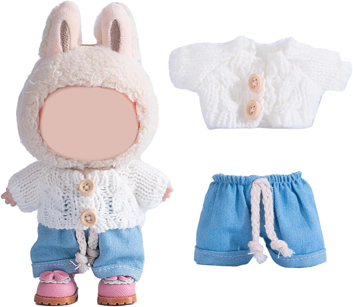 ست لباس عروسک 17 سانتی‌متری برای لابوبو، شلوار جین و پلیور بافتنی ممتاز آزونی، لباس فانتزی زیبا برای عروسک‌های 17/15 سانتی‌متری، بدون عروسک، ایده‌آل برای بازی لباس پوشیدن (سفید، 17/15 سانتی‌متری)