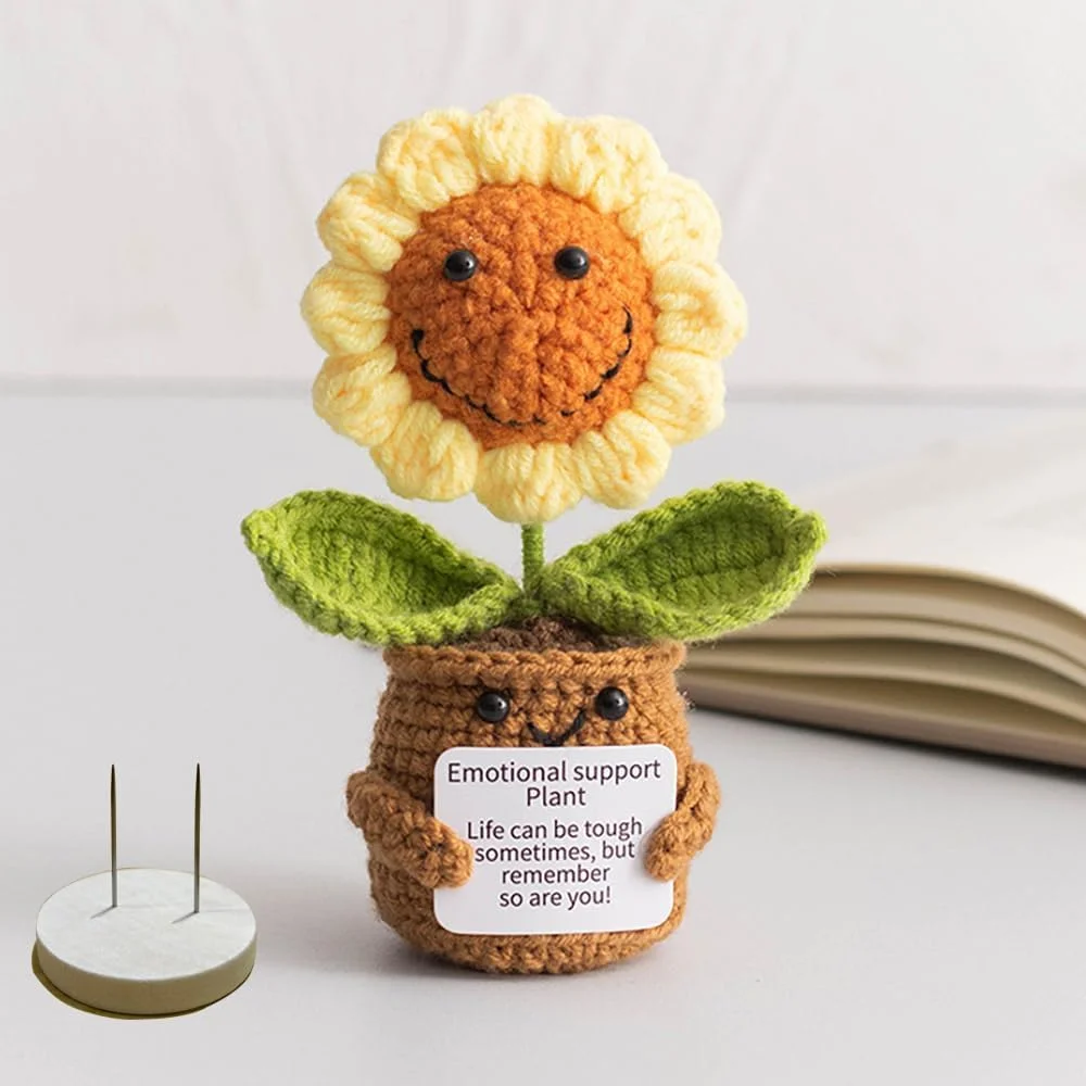 عروسک بافتنی گل آفتابگردان مثبت اندیش، اسباب بازی پولیشی بافتنی حمایت عاطفی خنده دار با کارت مثبت، زیور آلات حمایت عاطفی قلاب بافی پشمی دست ساز برای هدیه زنان و مردان، تشویق برای دوستان