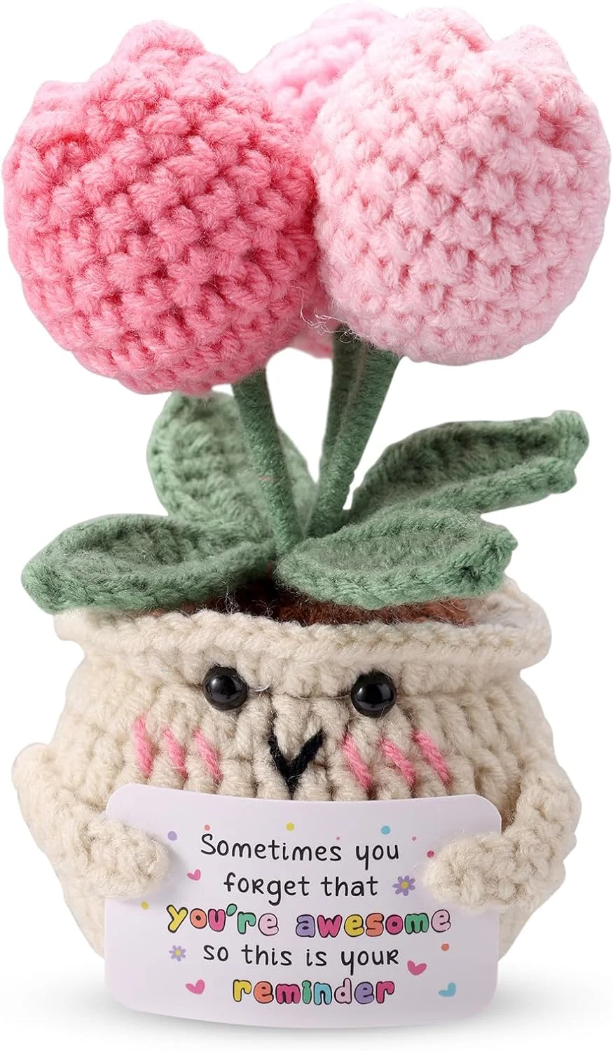 عروسک لاله مثبت اندیش تومیس، گل بافتنی صورتی دست ساز با کارت تشویق، دکوری زیبا برای میز، مناسب بزرگسالان، کودکان و دوستان