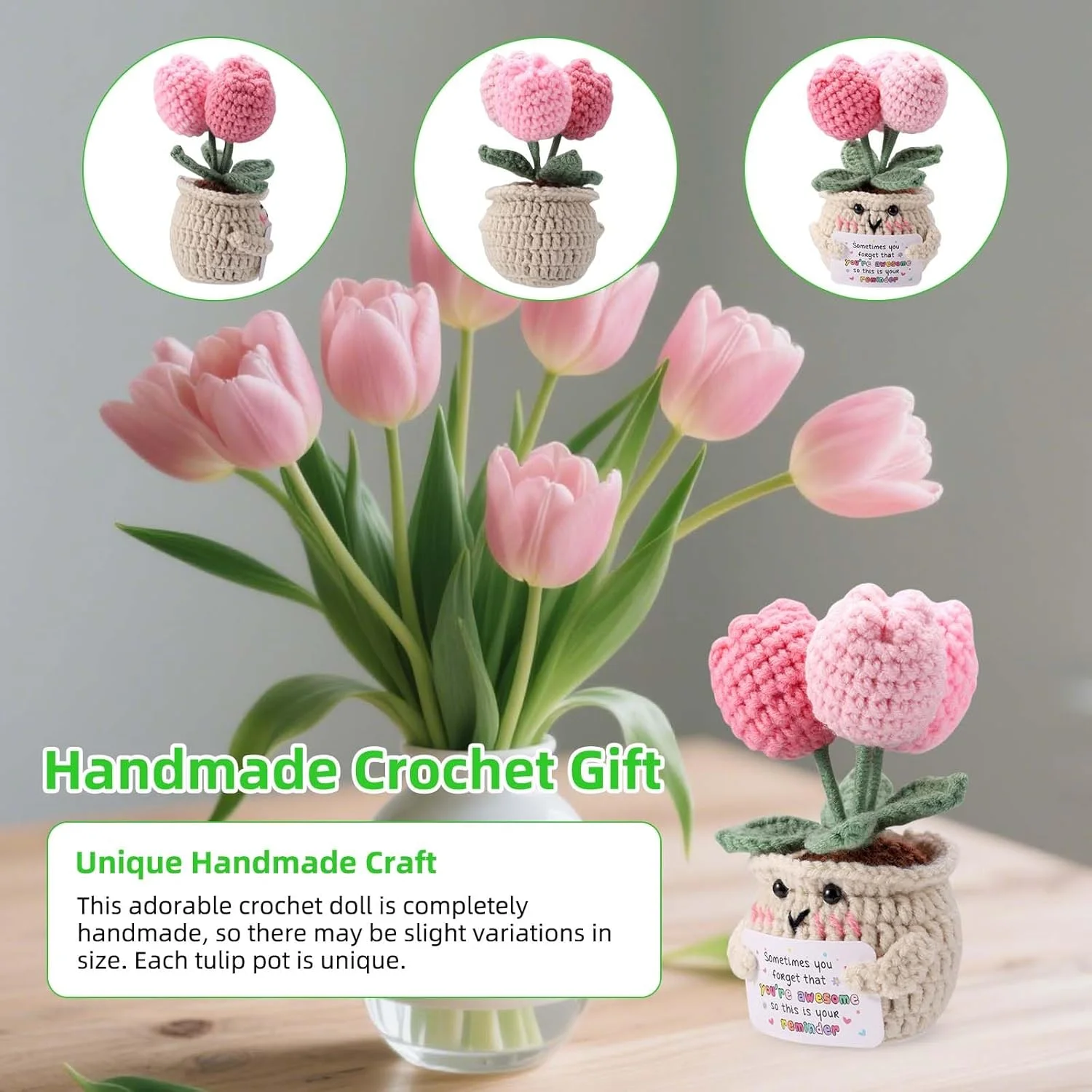 عروسک لاله مثبت اندیش تومیس، گل بافتنی صورتی دست ساز با کارت تشویق، دکوری زیبا برای میز، مناسب بزرگسالان، کودکان و دوستان عروسک لاله مثبت اندیش تومیس، گل بافتنی صورتی دست ساز با کارت تشویق، دکوری زیبا برای میز، مناسب بزرگسالان، کودکان و دوستان