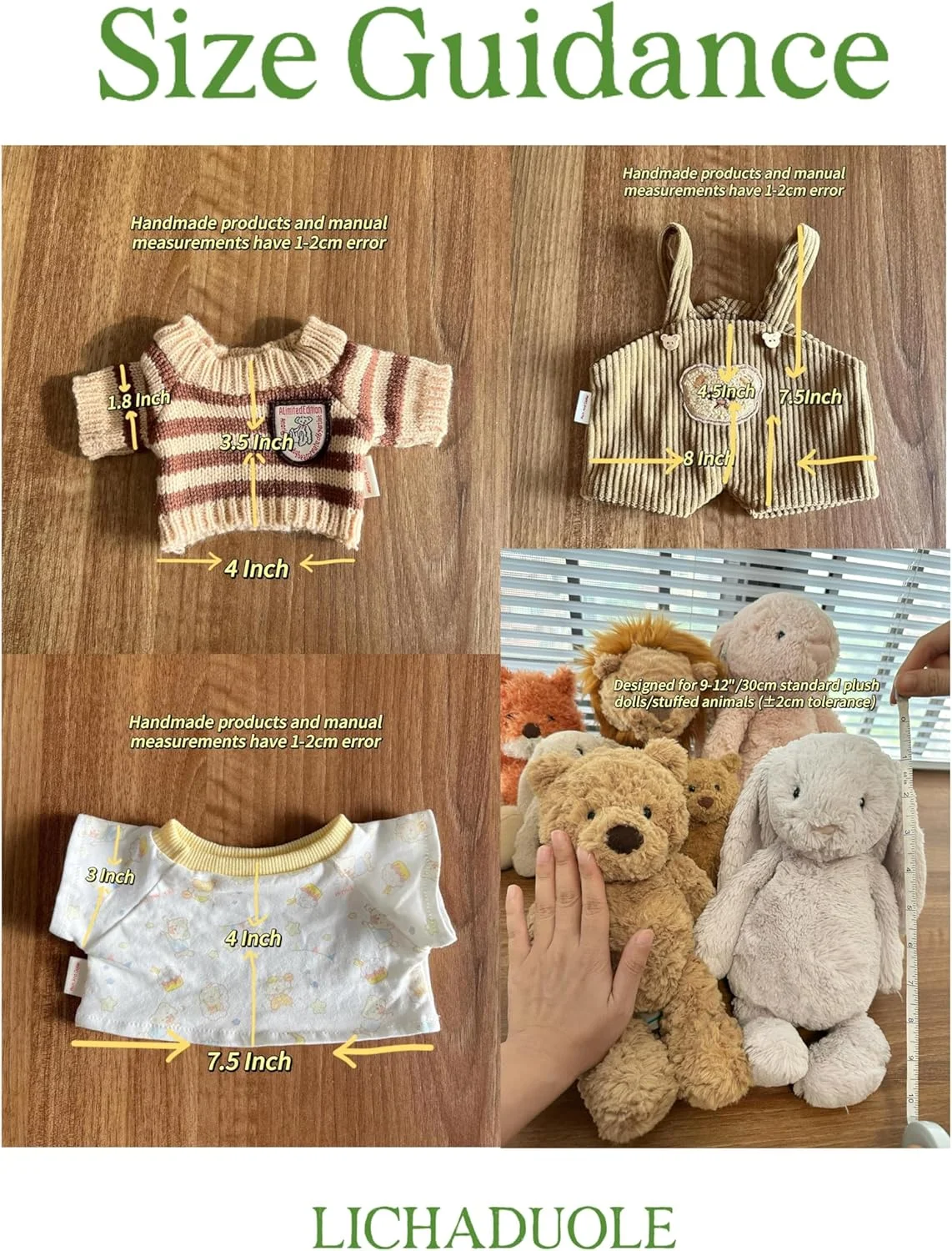 لباس خرس عروسکی 23-30 سانتی متری، لباس برای خرس و شیر Jellycat Bumbly، لباس حیوانات عروسکی، فقط لباس بدون عروسک. (شامل 3 تکه: 1 عدد تی شرت عروسک، 1 عدد ژاکت راه راه عروسک، 1 عدد سرهمی عروسک)
