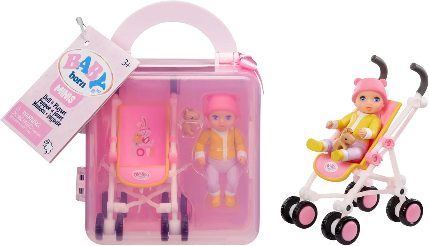 مجموعه بازی بیبی بورن مینیس - عروسک با پوست روشن و چشمان آبی، کالسکه و اسباب بازی حیوانات، شامل کیف حمل قابل استفاده مجدد برای بازی در حال حرکت مجموعه بازی بیبی بورن مینیس - عروسک با پوست روشن و چشمان آبی، کالسکه و اسباب بازی حیوانات، شامل کیف حمل قابل استفاده مجدد برای بازی در حال حرکت