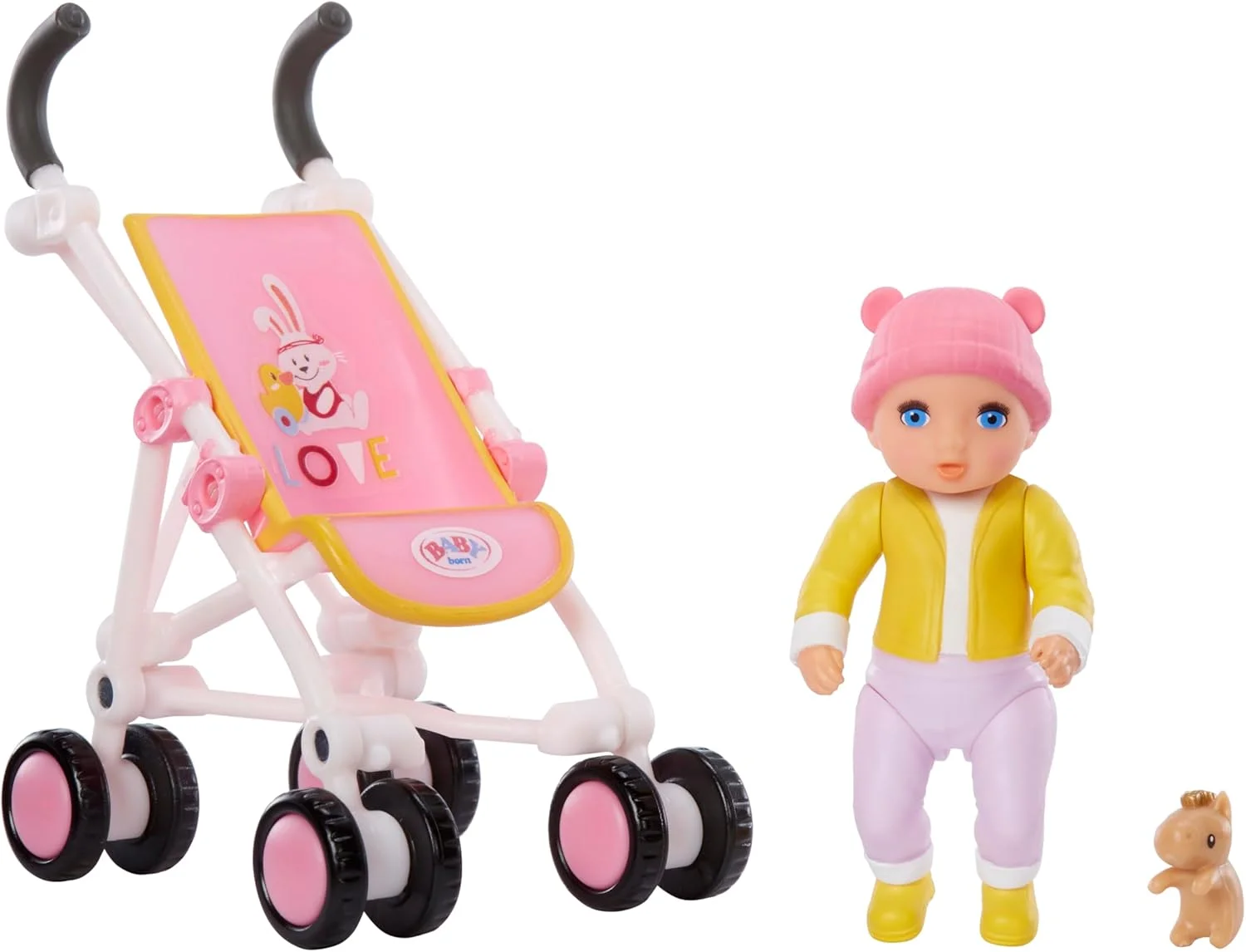 مجموعه بازی بیبی بورن مینیس - عروسک با پوست روشن و چشمان آبی، کالسکه و اسباب بازی حیوانات، شامل کیف حمل قابل استفاده مجدد برای بازی در حال حرکت