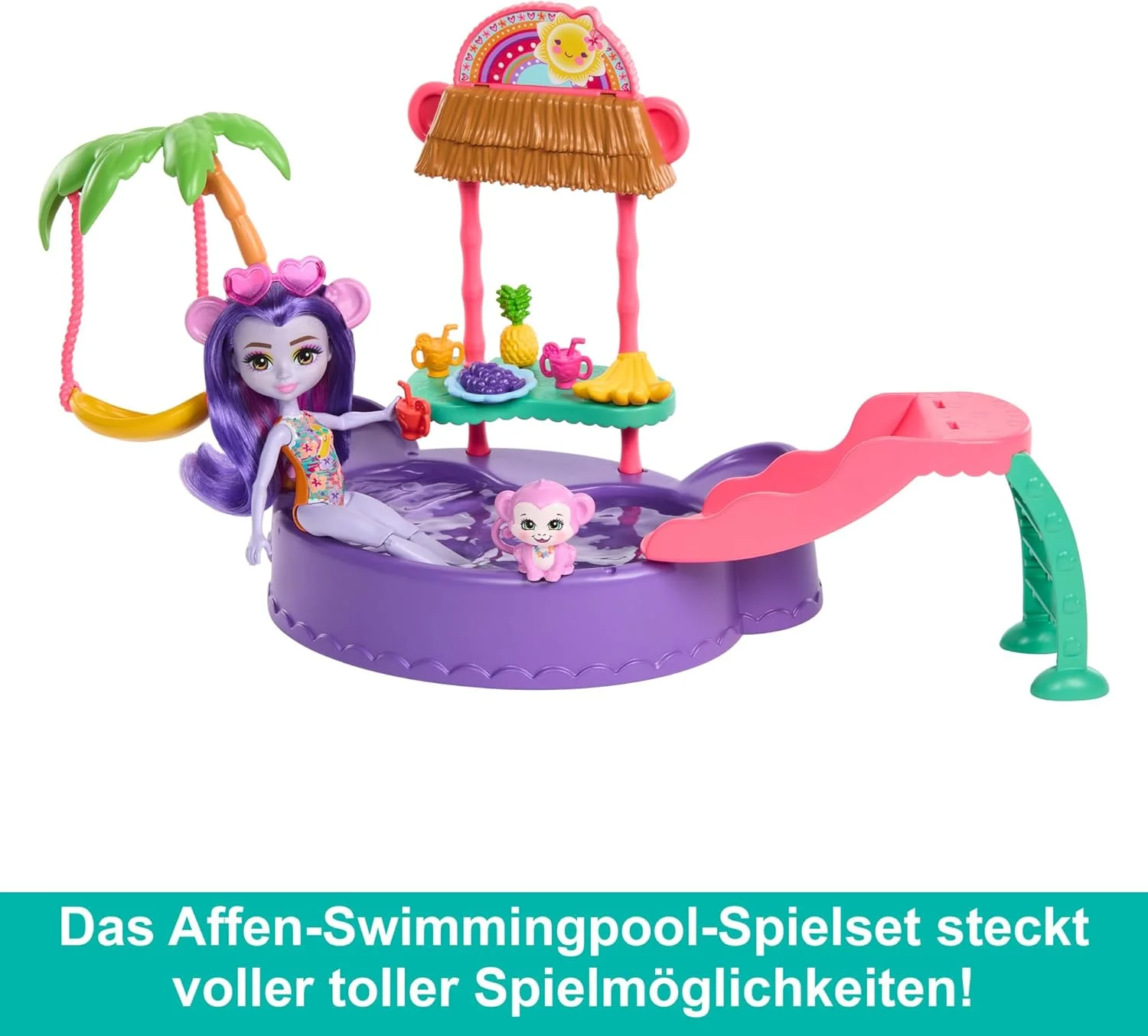 انچنتیمالز - عروسک و لوازم جانبی، مجموعه بازی استخر میمون، عروسک و فیگور بهترین دوست حیوانی، سرسره، تاب و موارد دیگر، هدیه برای کودکان، HTW73