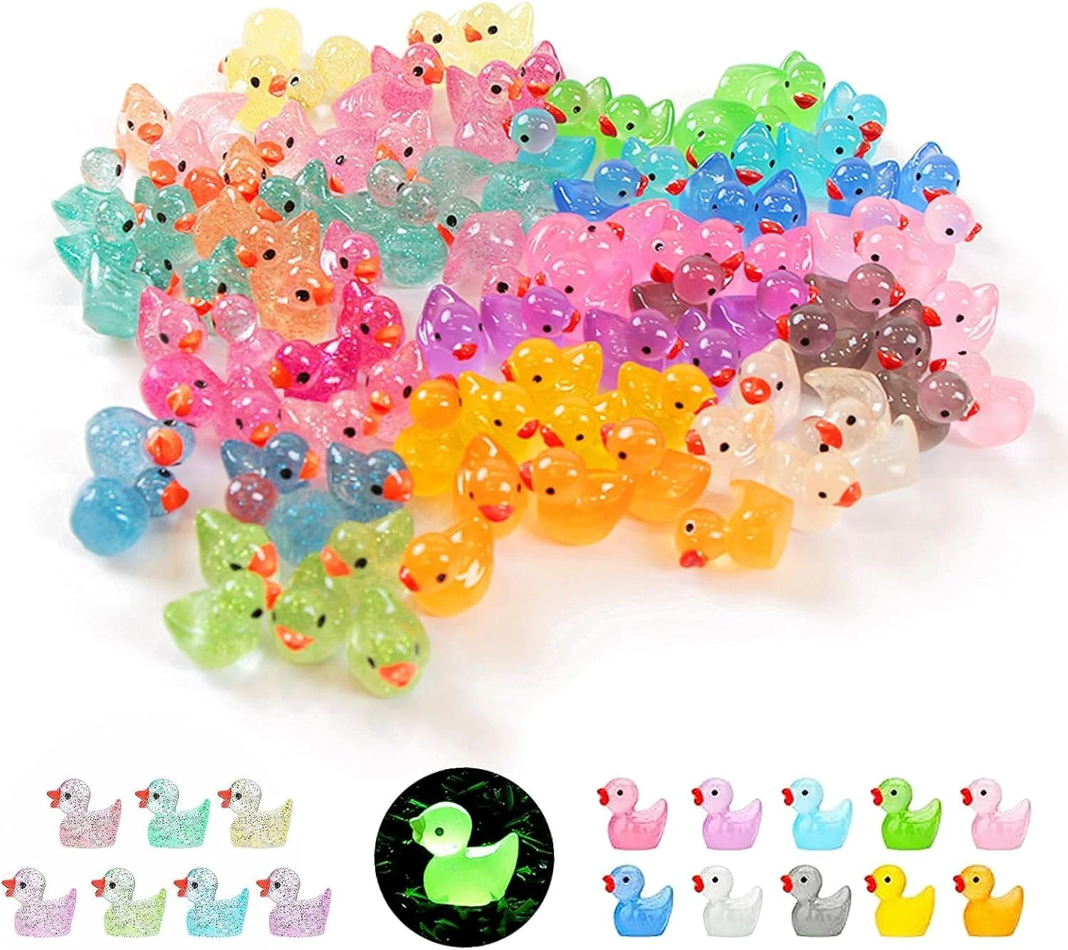 ۱۰۰ عدد مینی اردک اکلیلی رزینی، فیگورهای کوچک درخشان برای خانه عروسکی، آکواریوم، دکور باغ پری