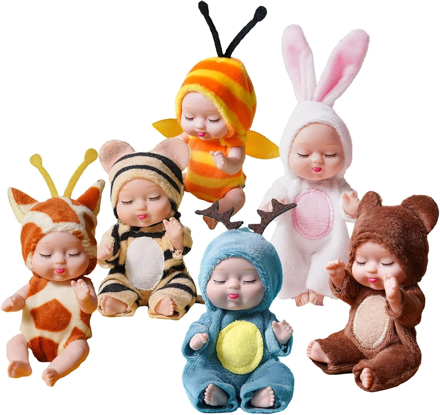 مجموعه ۶ عددی عروسک های نوزاد بامزه شامل ۶ عدد عروسک مینی نوزاد ۱۱.۵ سانتی متری و ۶ دست لباس عروسکی دست ساز با طرح حیوانات (زنبور، خرگوش، خرس قهوه ای، زرافه، گوزن، ببر) اسباب بازی هدیه لوازم مهمانی