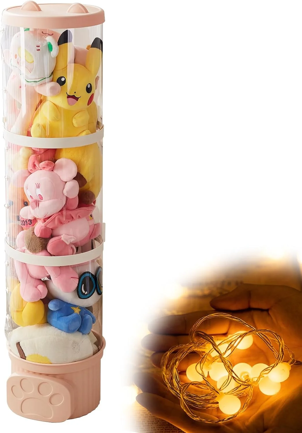 محفظه نگهداری حیوانات عروسکی، محفظه اسباب بازی 42 اینچی، قفسه شفاف 3 طبقه با نور، نگهداری عروسک پولیشی، جعبه اسباب بازی برای اتاق کودک، اتاق بازی، اتاق خواب بچه ها (صورتی)