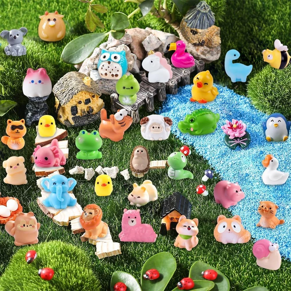 50 عدد مینیاتوری حیوانات رزینی، 50 مدل مختلف حیوانات کوچک رزینی مینیاتوری برای باغ های مینیاتوری، لوازم جانبی منظره، خانه عروسکی، دکور آکواریوم