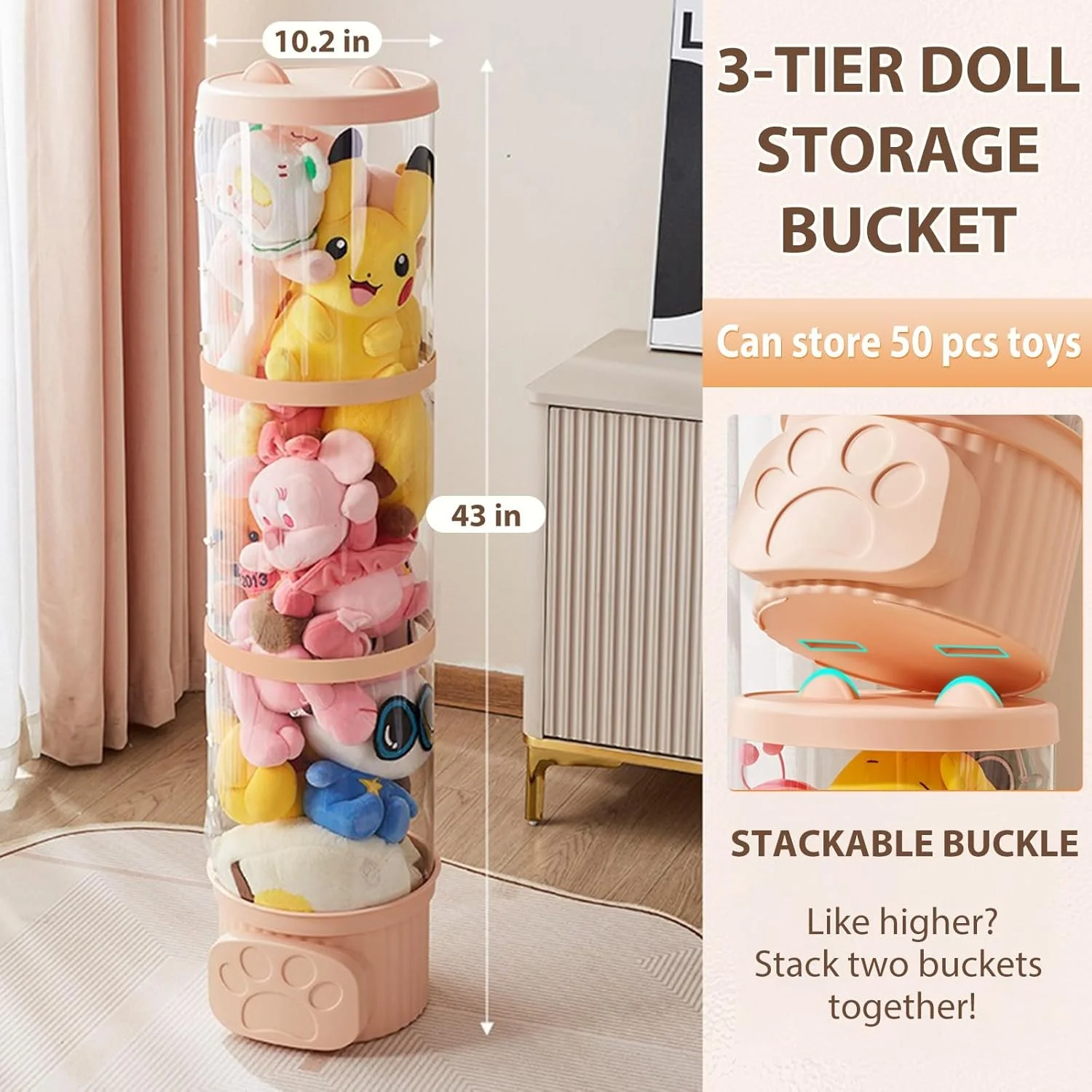 محفظه نگهداری حیوانات عروسکی، محفظه اسباب بازی 42 اینچی، قفسه شفاف 3 طبقه با نور، نگهداری عروسک پولیشی، جعبه اسباب بازی برای اتاق کودک، اتاق بازی، اتاق خواب بچه ها (صورتی)