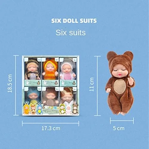 مجموعه ۶ عددی عروسک های نوزاد بامزه شامل ۶ عدد عروسک مینی نوزاد ۱۱.۵ سانتی متری و ۶ دست لباس عروسکی دست ساز با طرح حیوانات (زنبور، خرگوش، خرس قهوه ای، زرافه، گوزن، ببر) اسباب بازی هدیه لوازم مهمانی