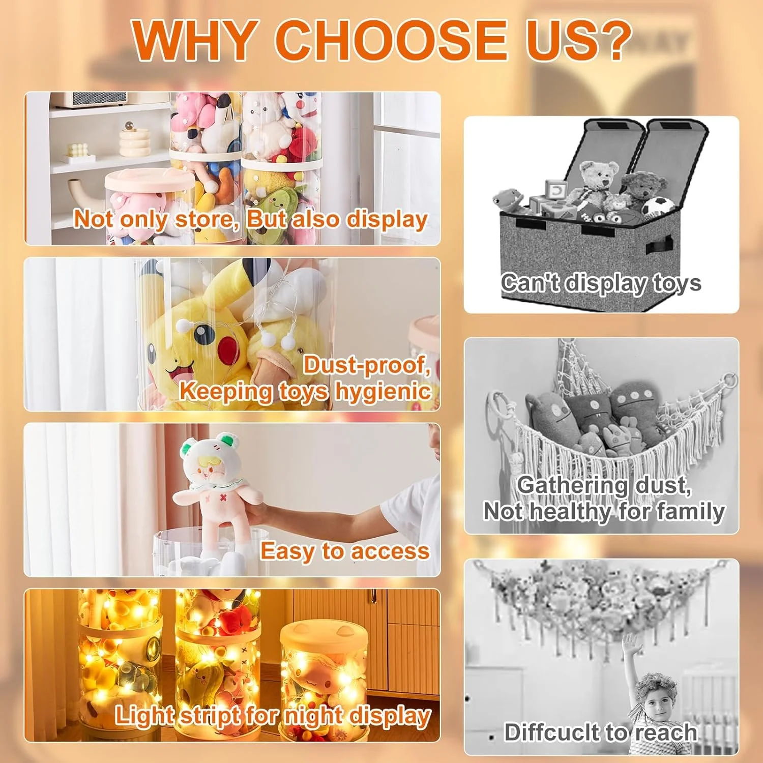 محفظه نگهداری حیوانات عروسکی، محفظه اسباب بازی 42 اینچی، قفسه شفاف 3 طبقه با نور، نگهداری عروسک پولیشی، جعبه اسباب بازی برای اتاق کودک، اتاق بازی، اتاق خواب بچه ها (صورتی)