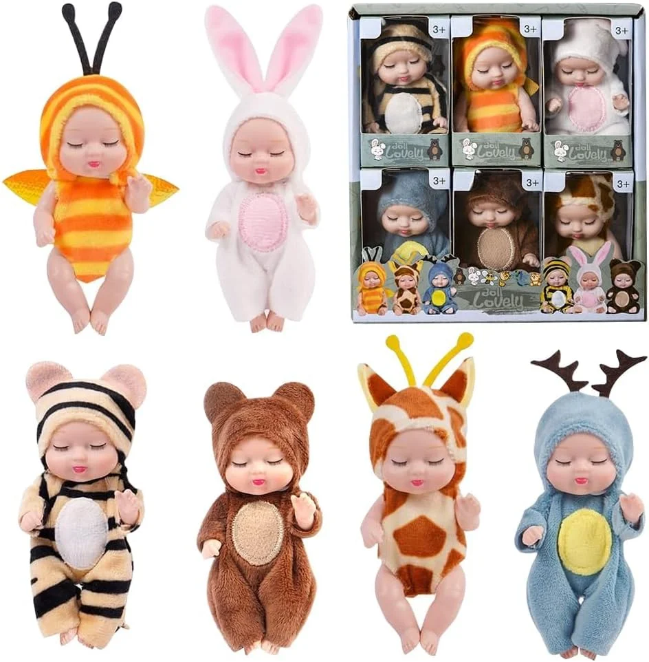 عروسک های مینی نوزاد، عروسک های مینی نوزادی 11 سانتی متری، عروسک های نوزادی خوابیده، اسباب بازی های عروسکی مینیاتوری، عروسک نوزاد واقعی با لباس های حیوانی زیبا برای دختران، پسران، کودکان نوپا و بچه ها (6 عددی)