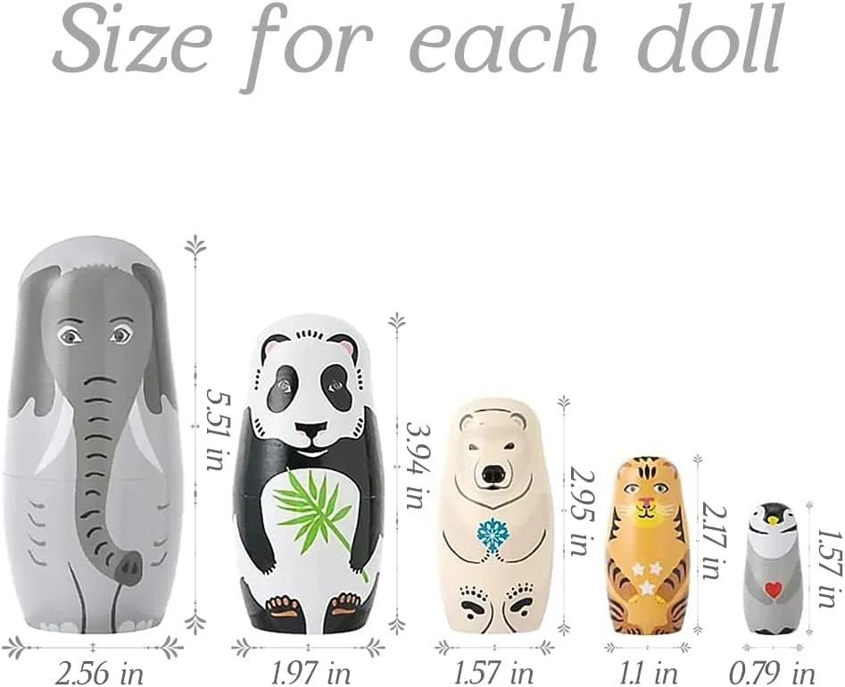 5 عدد عروسک تودرتوی چوبی دست ساز طرح حیوانات - فیل و پاندا، ماتروشکا روسی سنتی هدیه