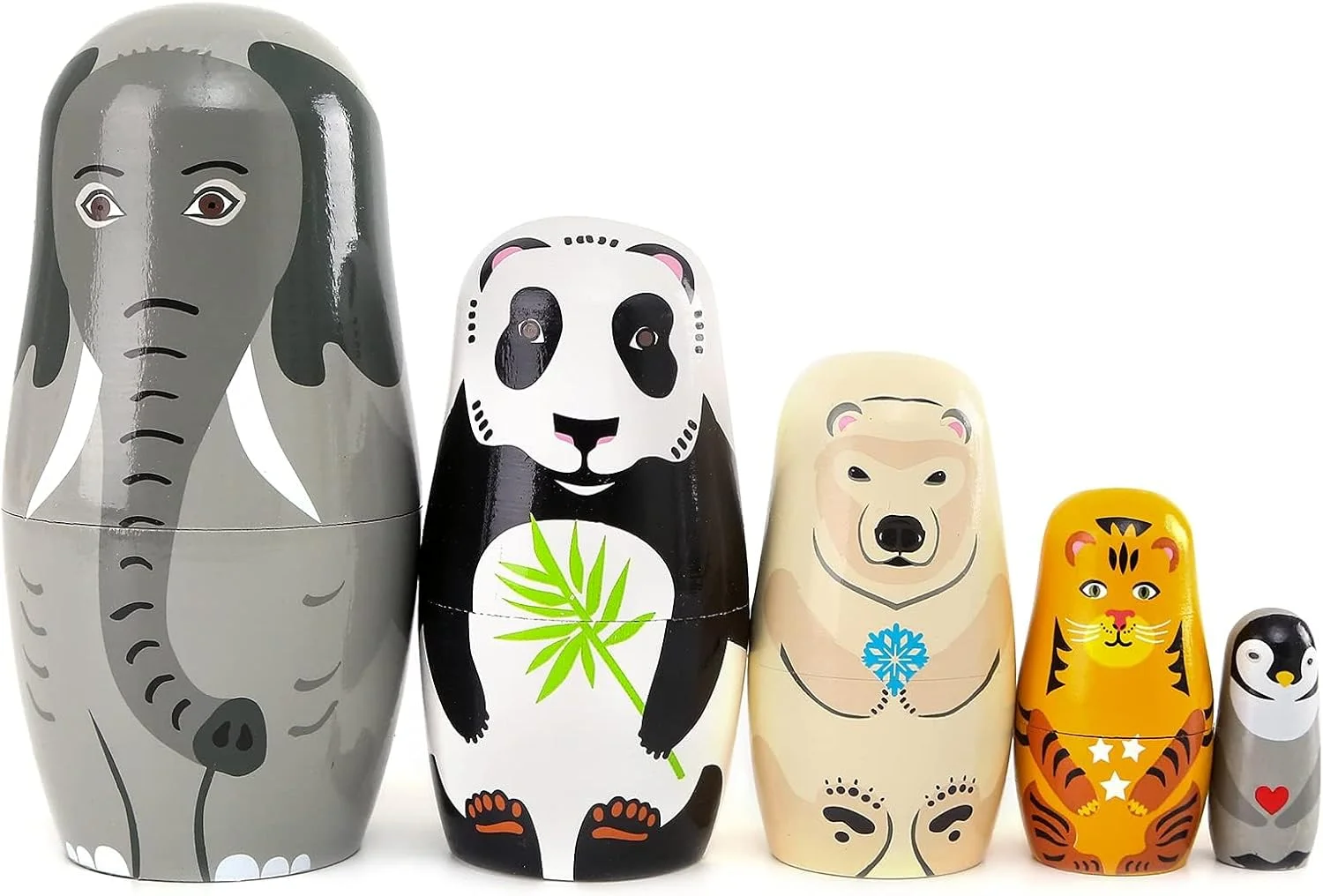 5 عدد عروسک تودرتوی چوبی دست ساز طرح حیوانات - فیل و پاندا، ماتروشکا روسی سنتی هدیه