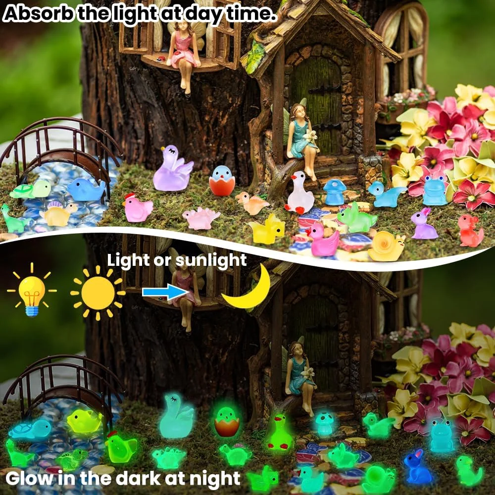 XOYTN 130 عدد مینیاتوری حیوانات رزینی درخشان، 19 مدل حیوانات رزینی کوچک مینیاتوری، فیگورهای پلاستیکی کوچک درخشان در تاریکی برای منظره کوچک، باغ پریان، آکواریوم، دکور خانه عروسکی