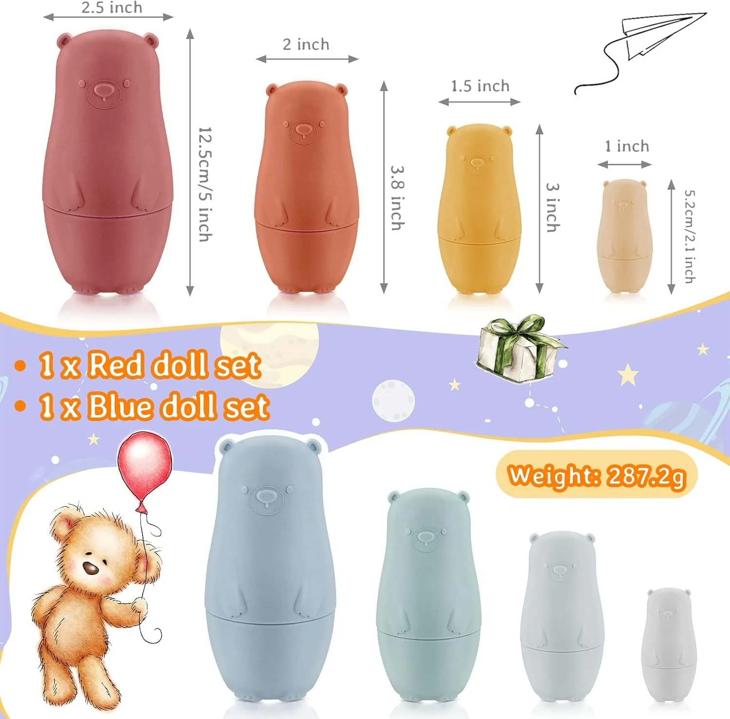 عروسک های تودرتوی روسی 8 تکه NALACAL - عروسک های ماتروشکا سیلیکونی برای کودکان نوپا - طرح خرس