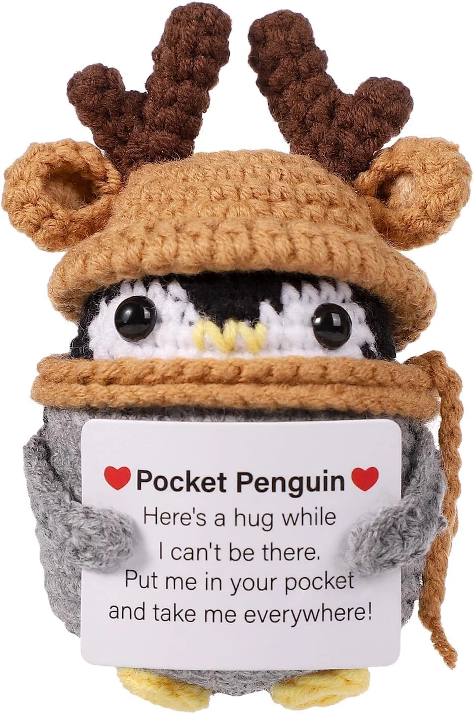 عروسک پنگوئن جیبی مثبت، اسباب بازی پنگوئن بافتنی خنده دار با کارت مثبت، حیوان قلاب بافی پشمی بامزه با کلاه شاخ گوزن، هدیه تشویق برای دوستان و دکوراسیون دلگرم کننده