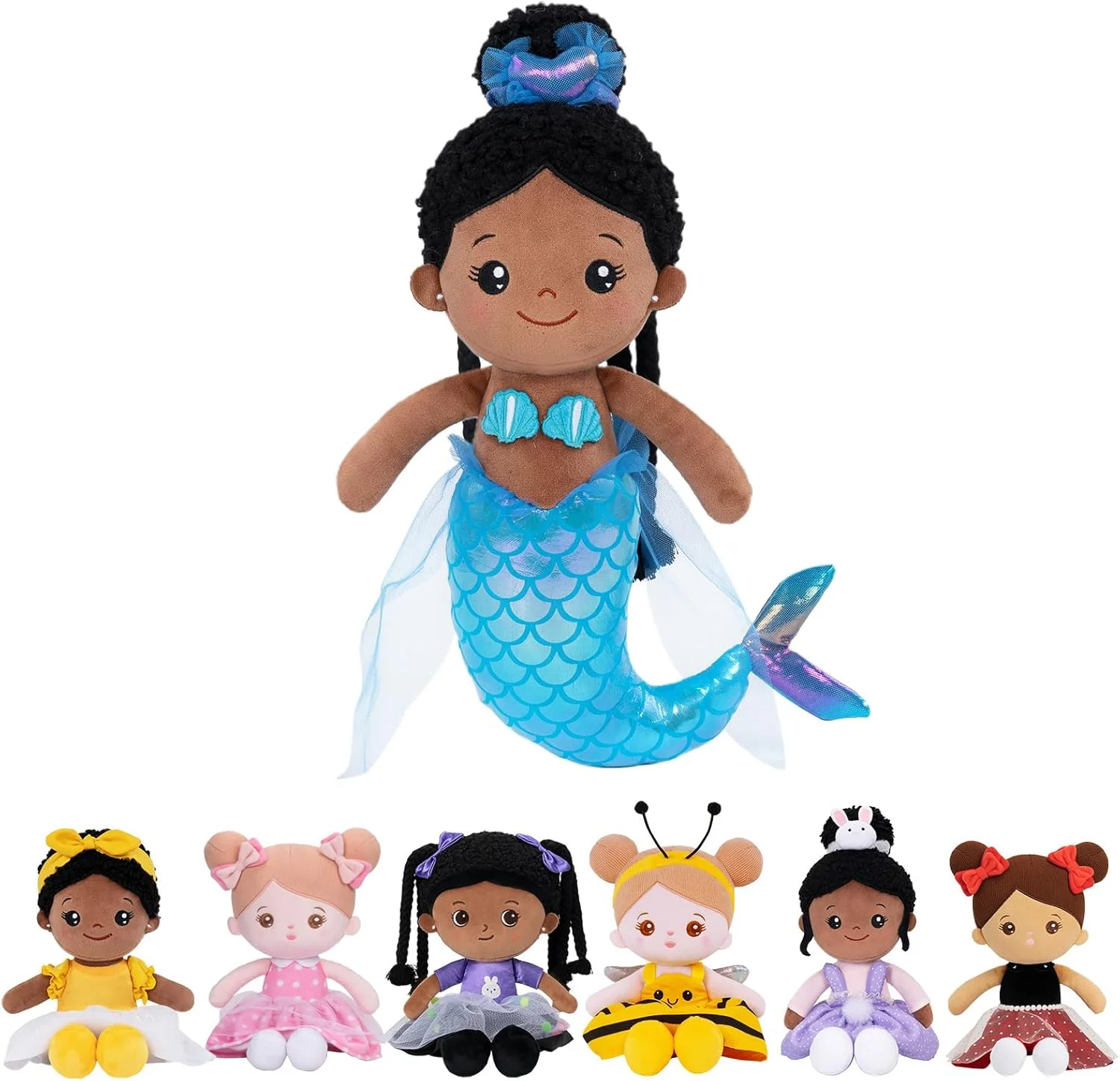 عروسک پری دریایی مشکی نرم 38 سانتی‌متری OUOZZZ برای دختران - اولین عروسک پولیشی نوزاد، اسباب‌بازی بغلی خواب، عروسک حیوانات پر شده برای کودکان 3 ساله