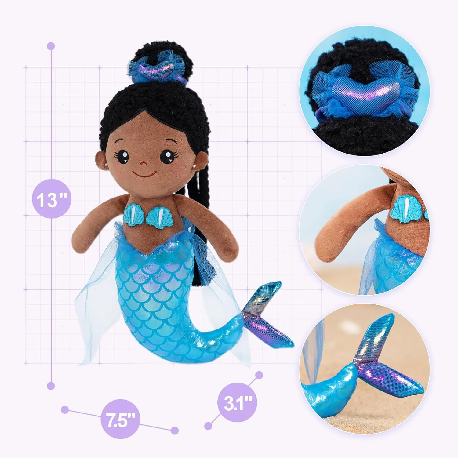 عروسک پری دریایی مشکی نرم 38 سانتی‌متری OUOZZZ برای دختران - اولین عروسک پولیشی نوزاد، اسباب‌بازی بغلی خواب، عروسک حیوانات پر شده برای کودکان 3 ساله