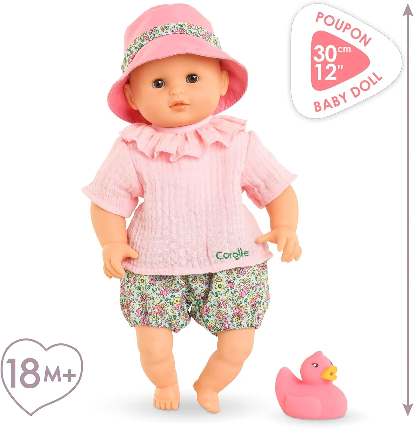 عروسک حمام کودک کورالی مون پرمیر پوپون، عروسک حمام بدن نرم با حیوان حمام، چشمان خوابیده، لباس های قابل تعویض، رایحه وانیل، 30 سانتی متر، از 18 ماهگی