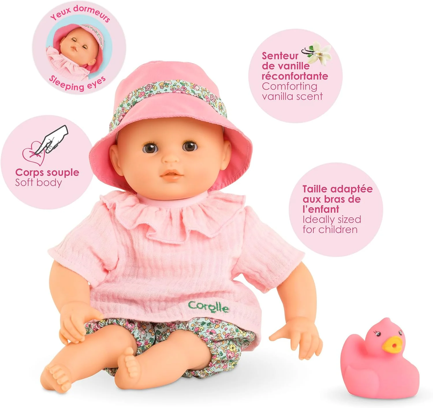 عروسک حمام کودک کورالی مون پرمیر پوپون، عروسک حمام بدن نرم با حیوان حمام، چشمان خوابیده، لباس های قابل تعویض، رایحه وانیل، 30 سانتی متر، از 18 ماهگی