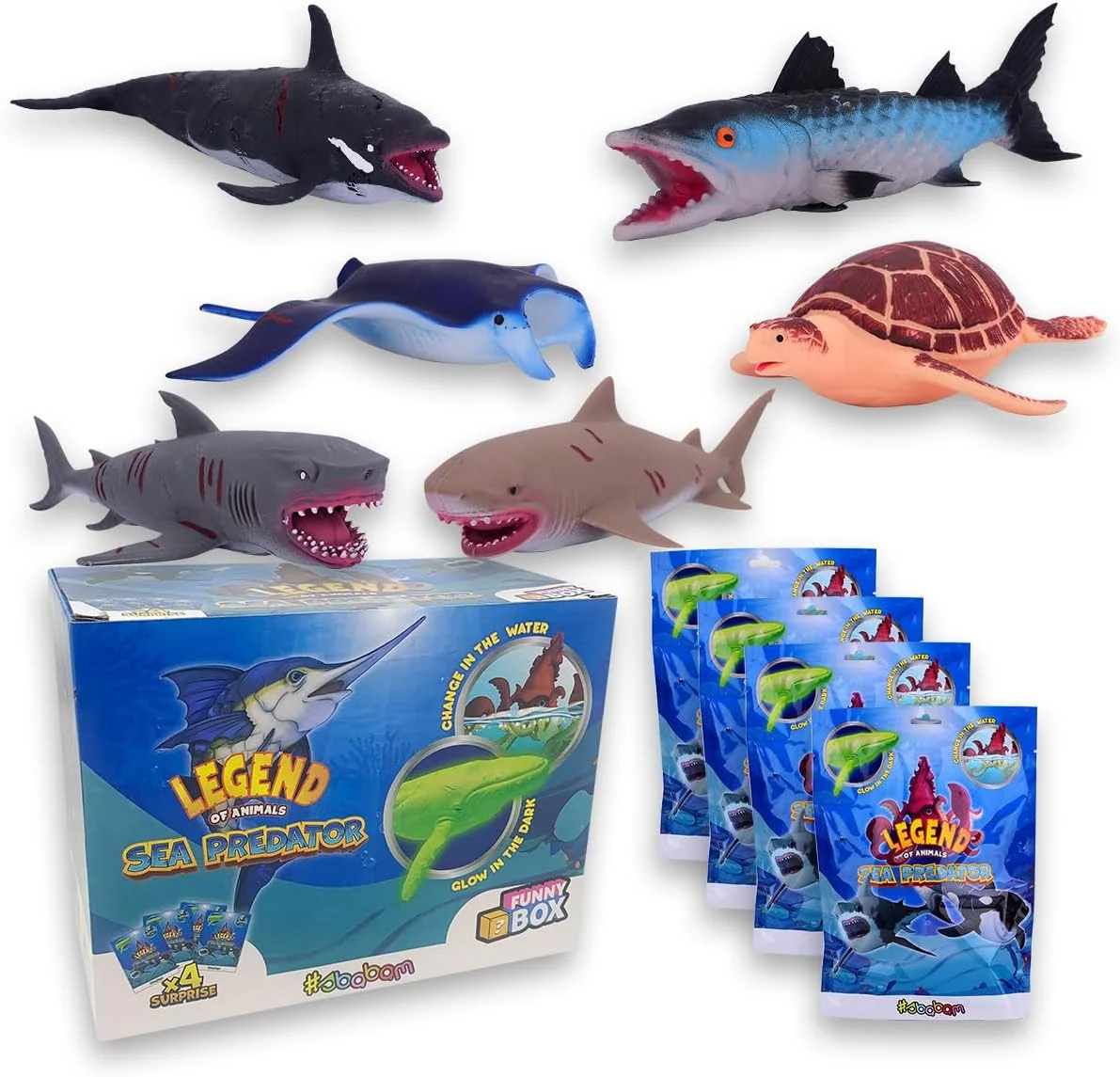 اسباب بازی های خنده دار جعبه ای افسانه حیوانات، شکارچیان دریایی برای کودکان: عروسک های نرم و کشسان - کوسه ببری، نهنگ قاتل، مانتا، باراکودا (4 عدد) - کودک