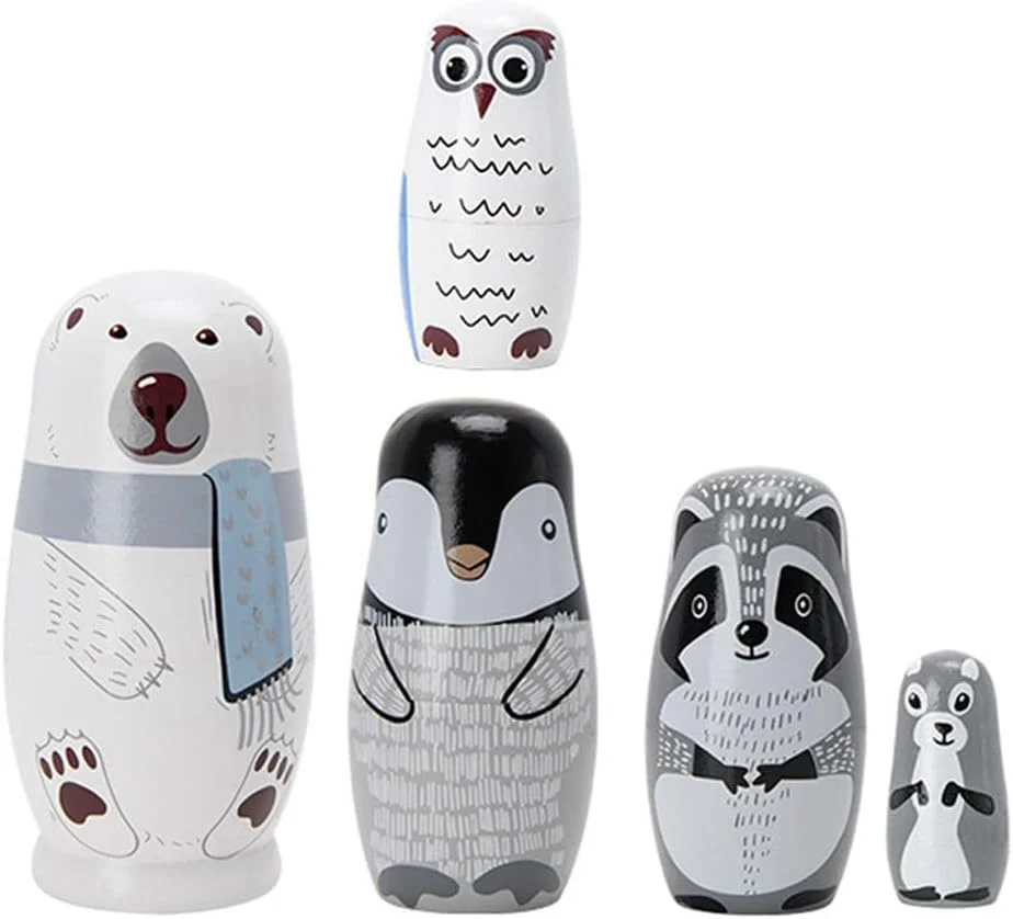 ست عروسک های تودرتوی خرس سفید روسی - 5 لایه عروسک های ماتروشکا حیوانی، عروسک های چوبی نقاشی شده با دست برای دکوراسیون، 14.30X7.30 سانتی متر