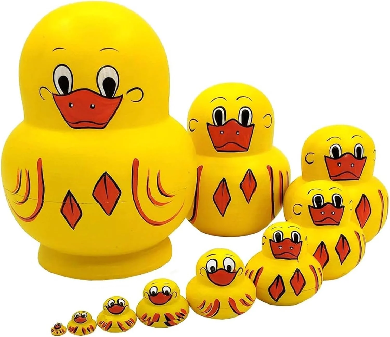 ست 10 عددی عروسک های تودرتوی روسی اردک زرد چوبی دست ساز، عروسک های ماتروشکا حیوانات دوست داشتنی و زیبا، دکوراسیون منزل، اسباب بازی های آموزشی برای بزرگسالان