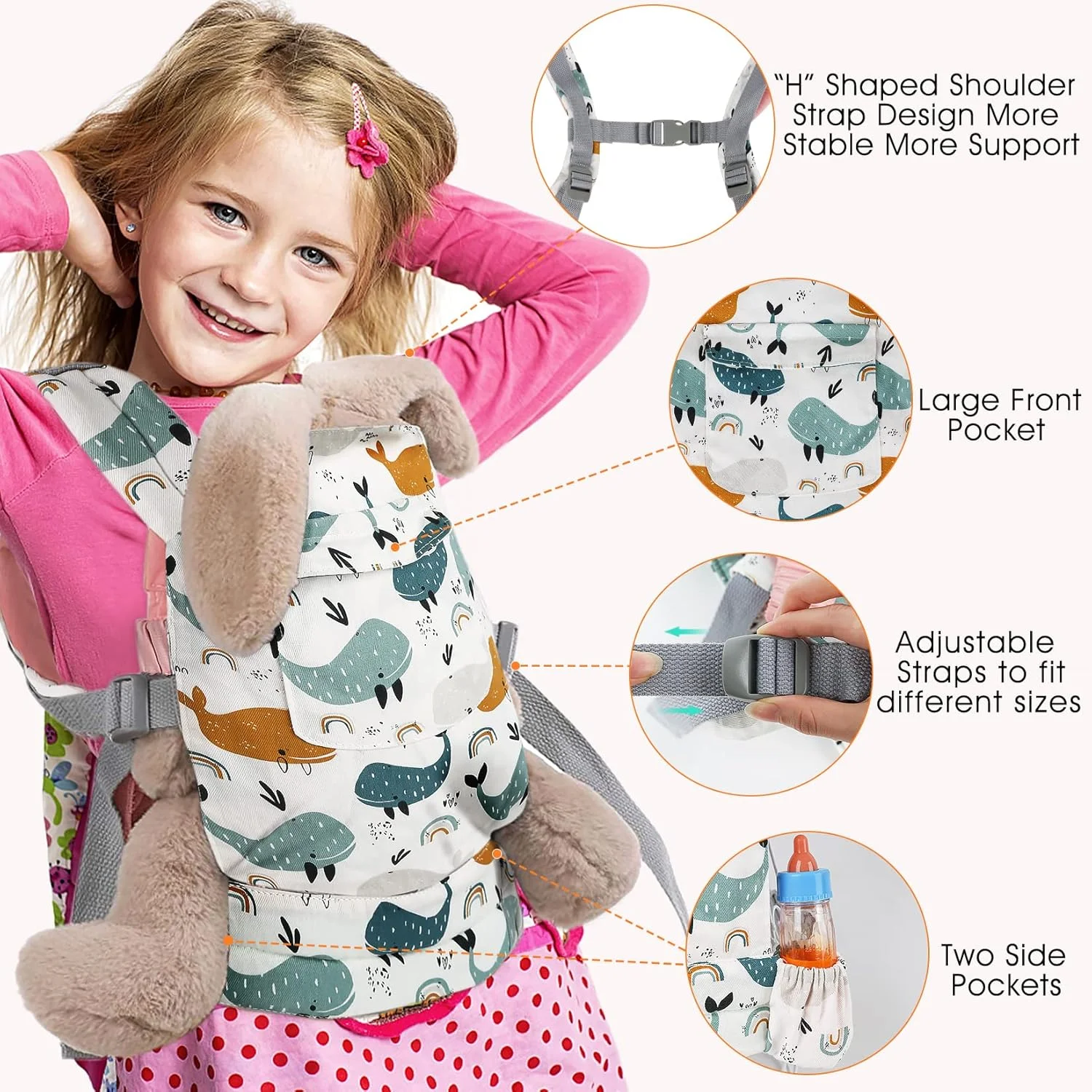 آغوشی عروسک ولنس برای کودکان، پشتی قابل تنظیم، آغوشی حیوانات عروسکی برای عروسک های بین 35 تا 63.5 سانتی متر