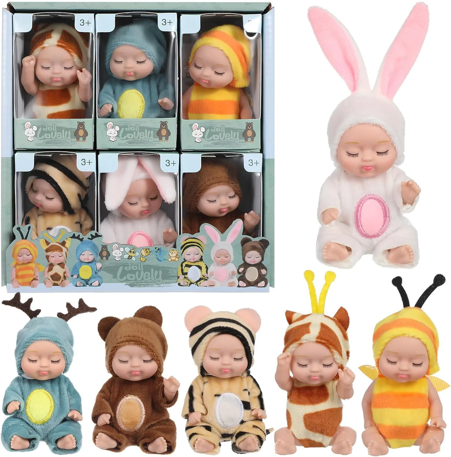 ویگولی 6 عدد مینی عروسک نوزاد، عروسک های نوزاد بامزه و واقعی با لباس حیوانات برای کودکان دختر و پسر ویگولی 6 عدد مینی عروسک نوزاد، عروسک های نوزاد بامزه و واقعی با لباس حیوانات برای کودکان دختر و پسر