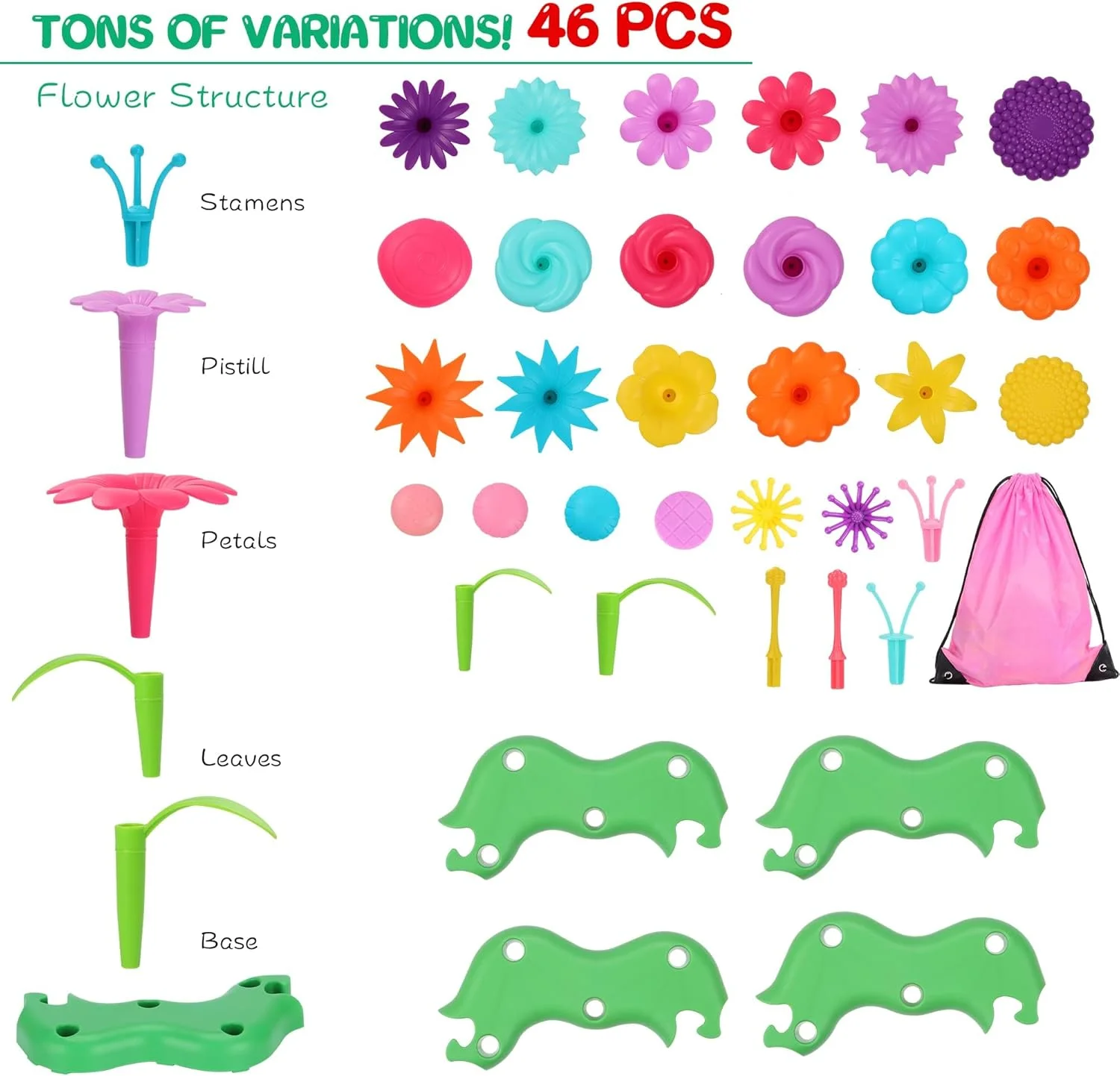 مجموعه ساخت باغ گل تریفی، 46 قطعه اسباب بازی ساخت باغ گل برای دختران، مجموعه بازی وانمودی باغبانی STEM، بازی چیدن برای کودکان نوپا و پیش دبستانی، سنین 3-8 سال