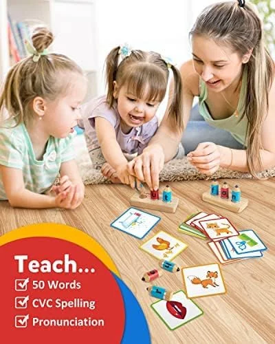 بازی املای واکه های کوتاه چوبی کوگام، آموزش املای کلمات دیداری CVC، فلش کارت های آموزشی، تقویت مهارت های حرکتی ظریف، اسباب بازی الفبای مونته سوری، هدیه برای کودکان 3، 4 و 5 ساله