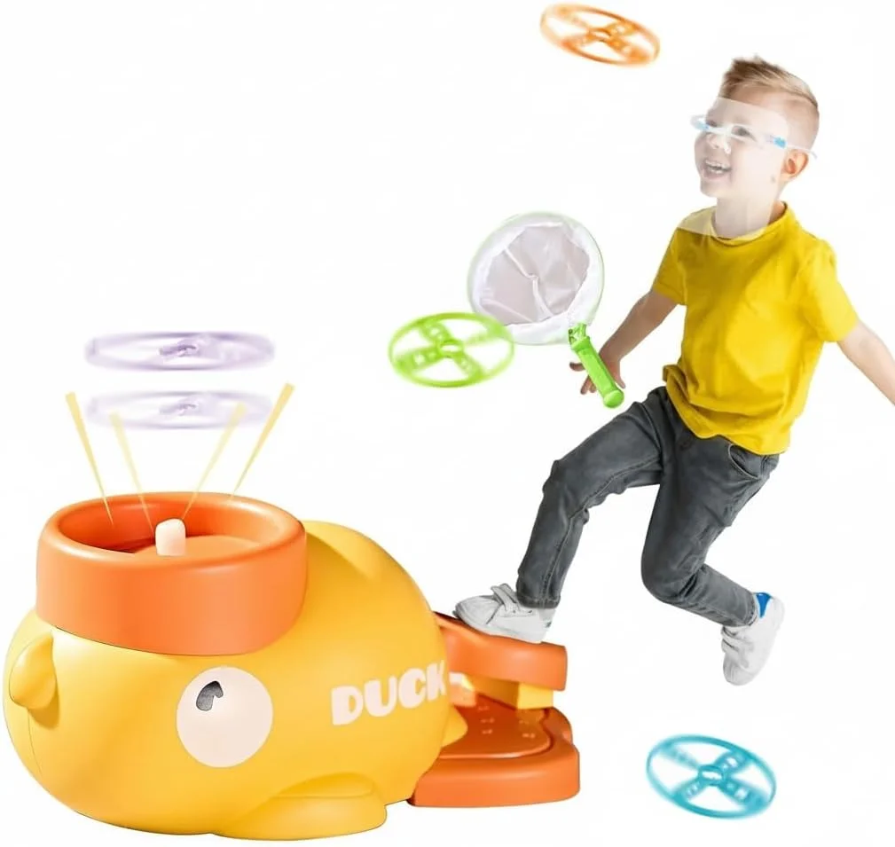 پرتابگر دیسک پرنده برای کودکان، فعالیت های تابستانی در فضای باز، اسباب بازی سرگرم کننده برای کودکان نوپا، بازی پرتاب و گرفتن در فضای داخلی و خارجی با 8 دیسک و 1 جیب توری، طرح اردک