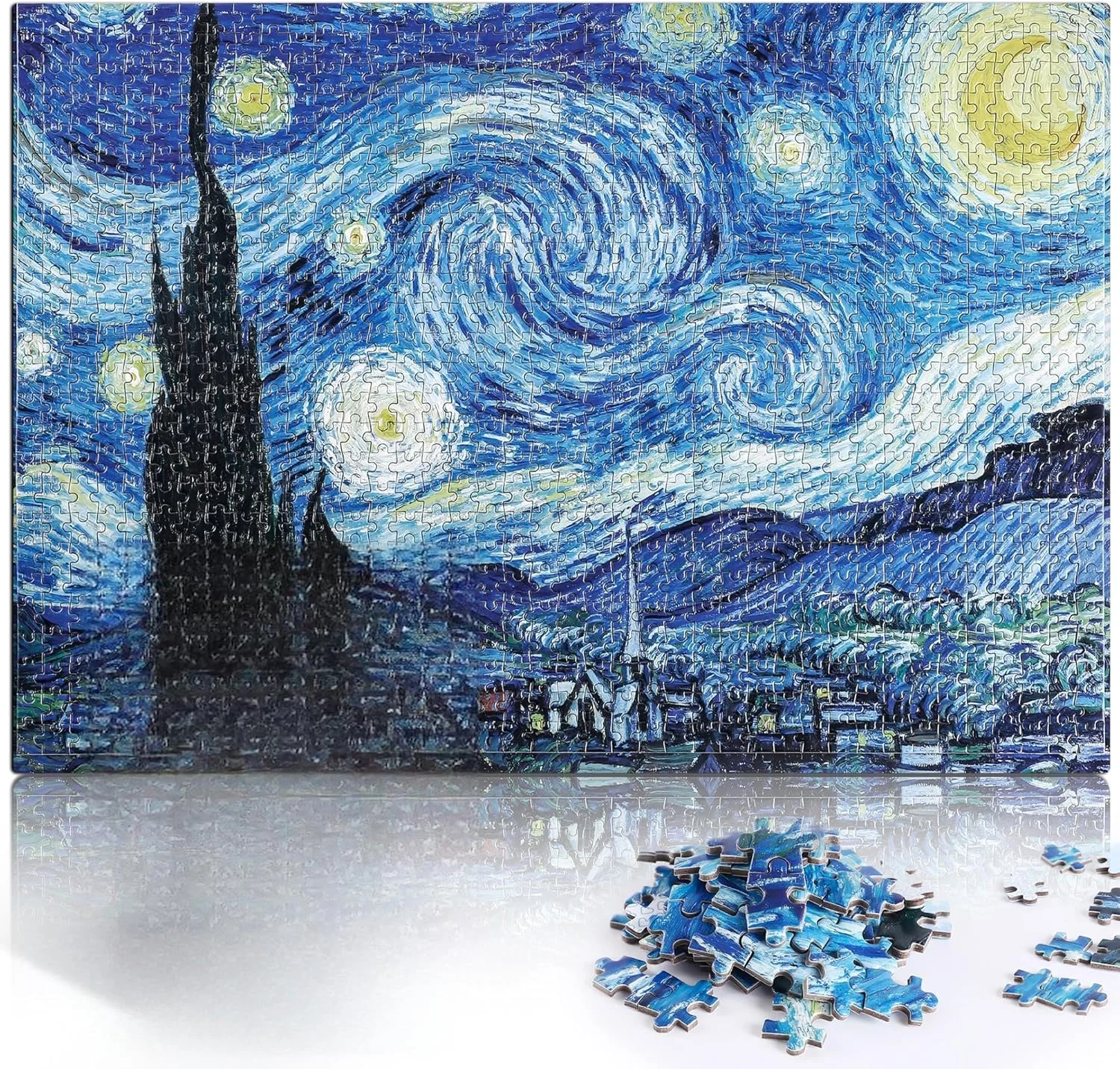 پازل 1000 تکه شب پر ستاره اثر ونسان ون گوگ، بازی چالش برانگیز هنری کلاسیک، کاهش استرس و تمرین ذهن، هدیه ای ایده آل برای دوستداران هنر